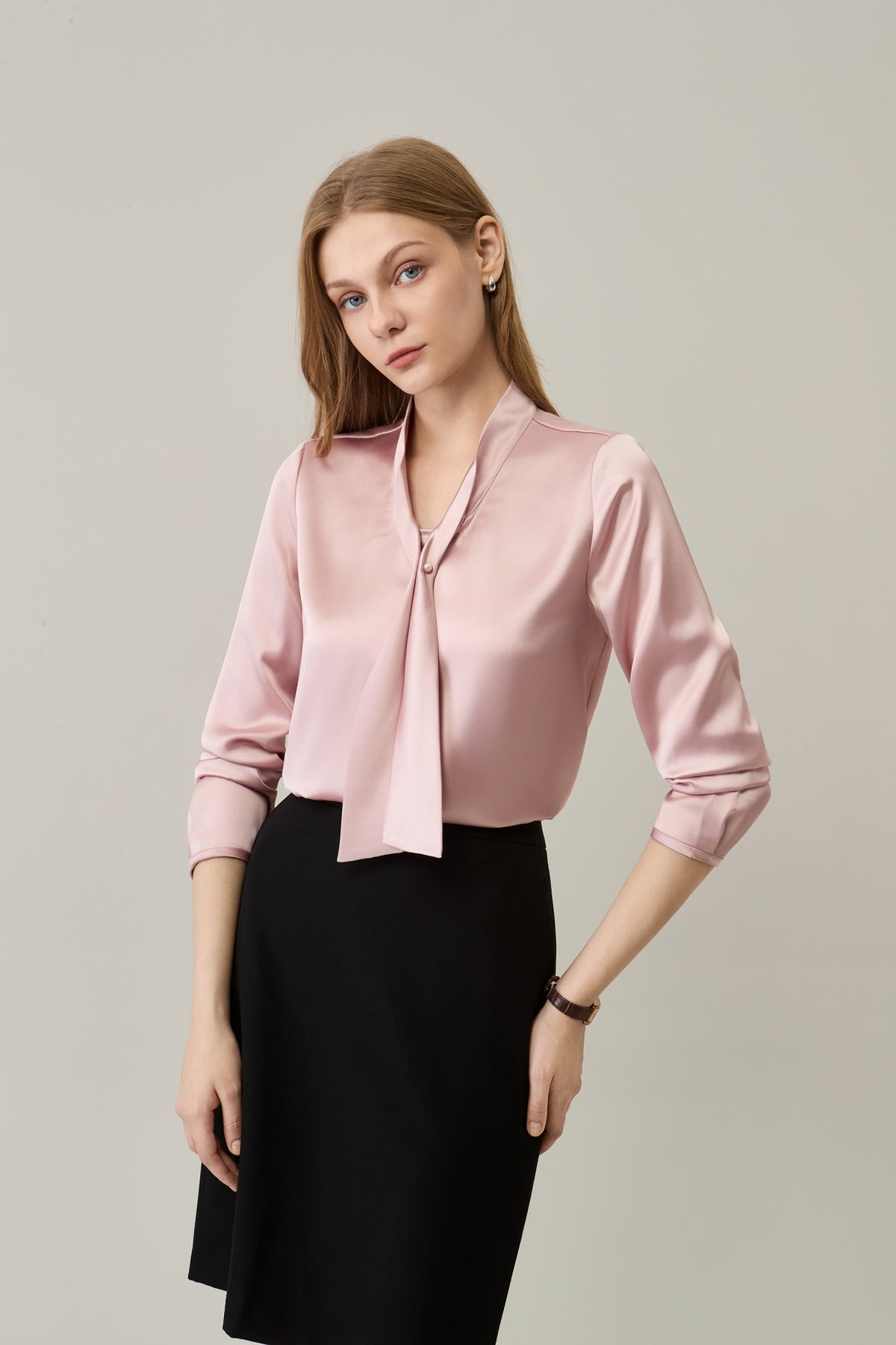 Poly Satin Self-Tie Collar Regular Fit Blouse