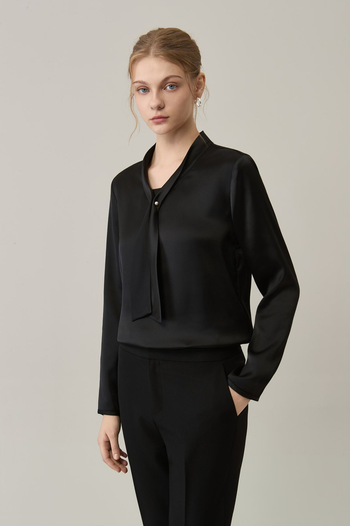 Poly Satin Self-Tie Collar Regular Fit Blouse