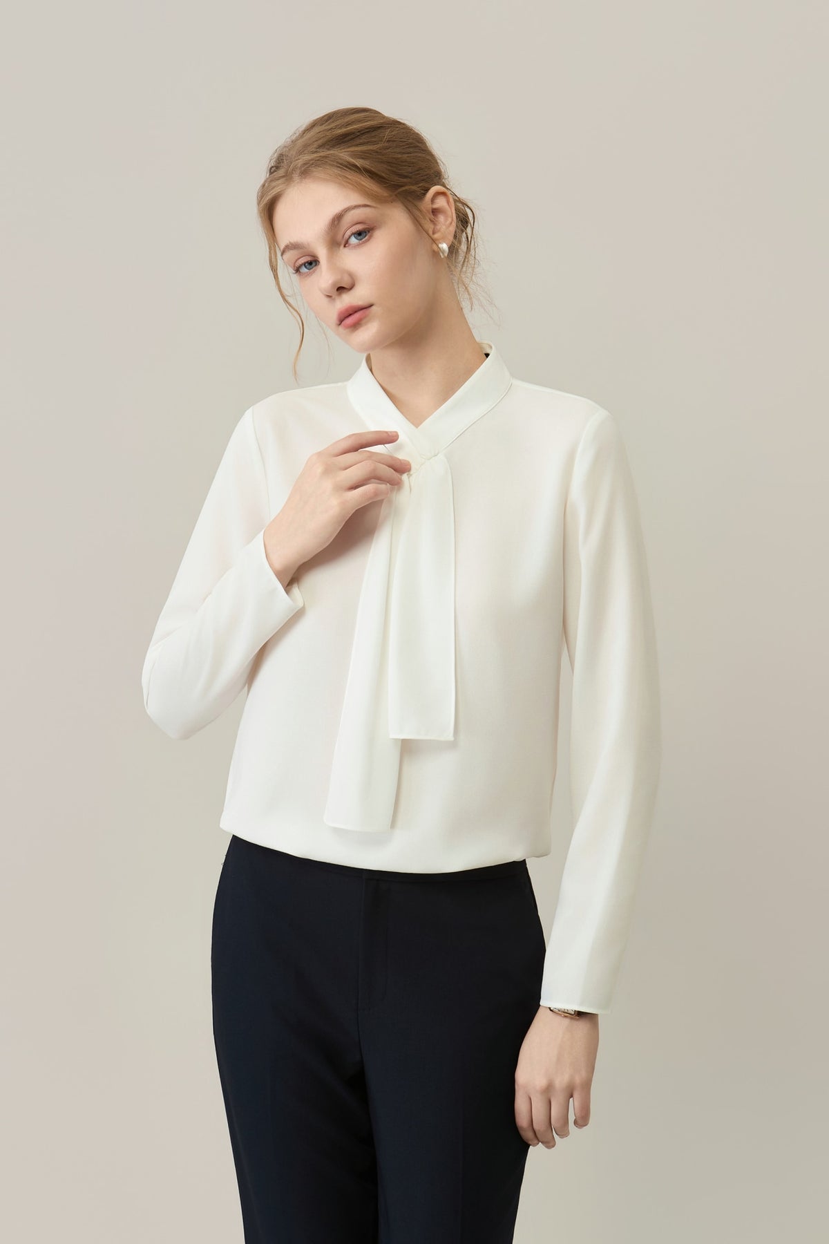 Poly Crepe Self-Tie Stand Collar Regular Fit Blouse