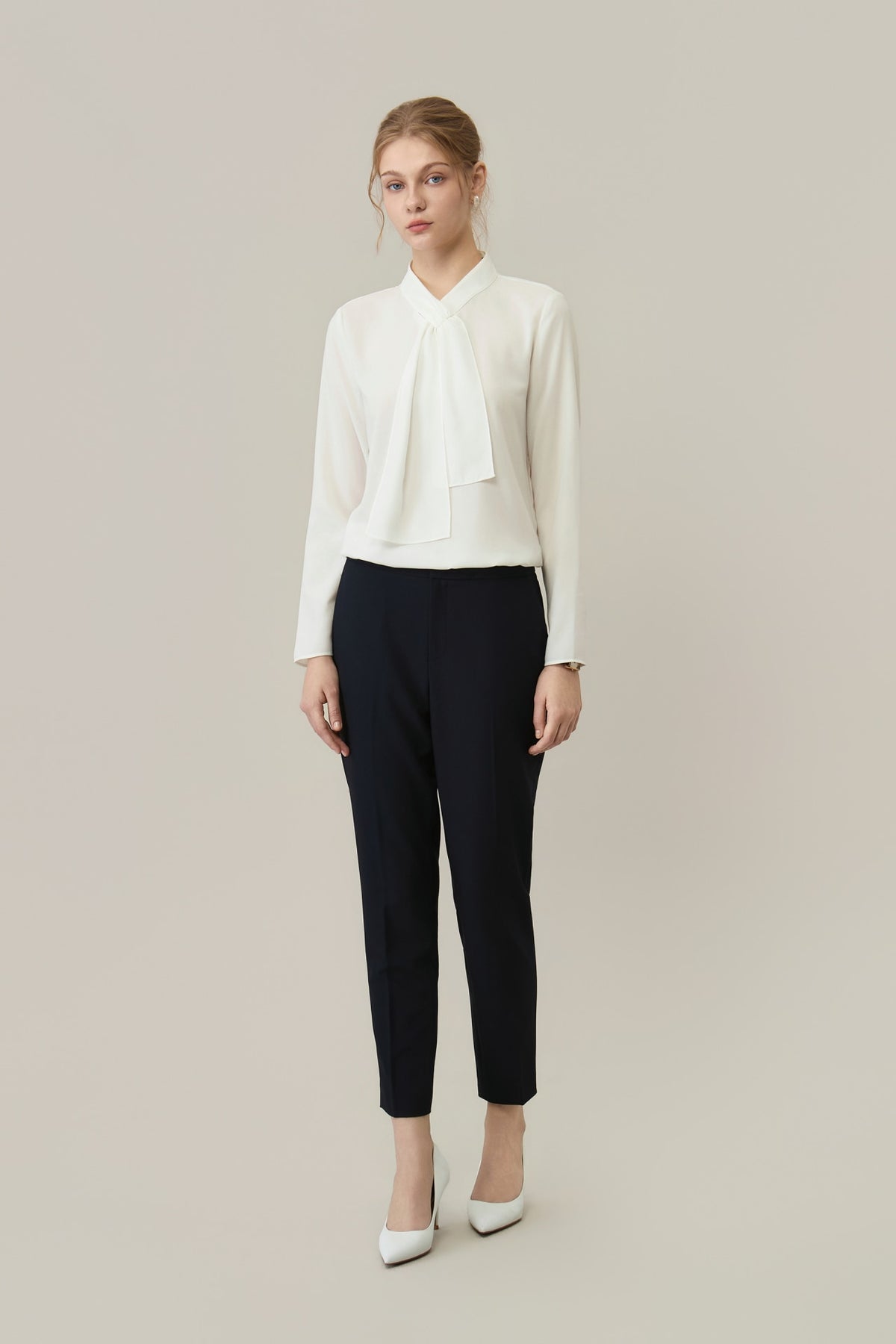 Poly Crepe Self-Tie Stand Collar Regular Fit Blouse