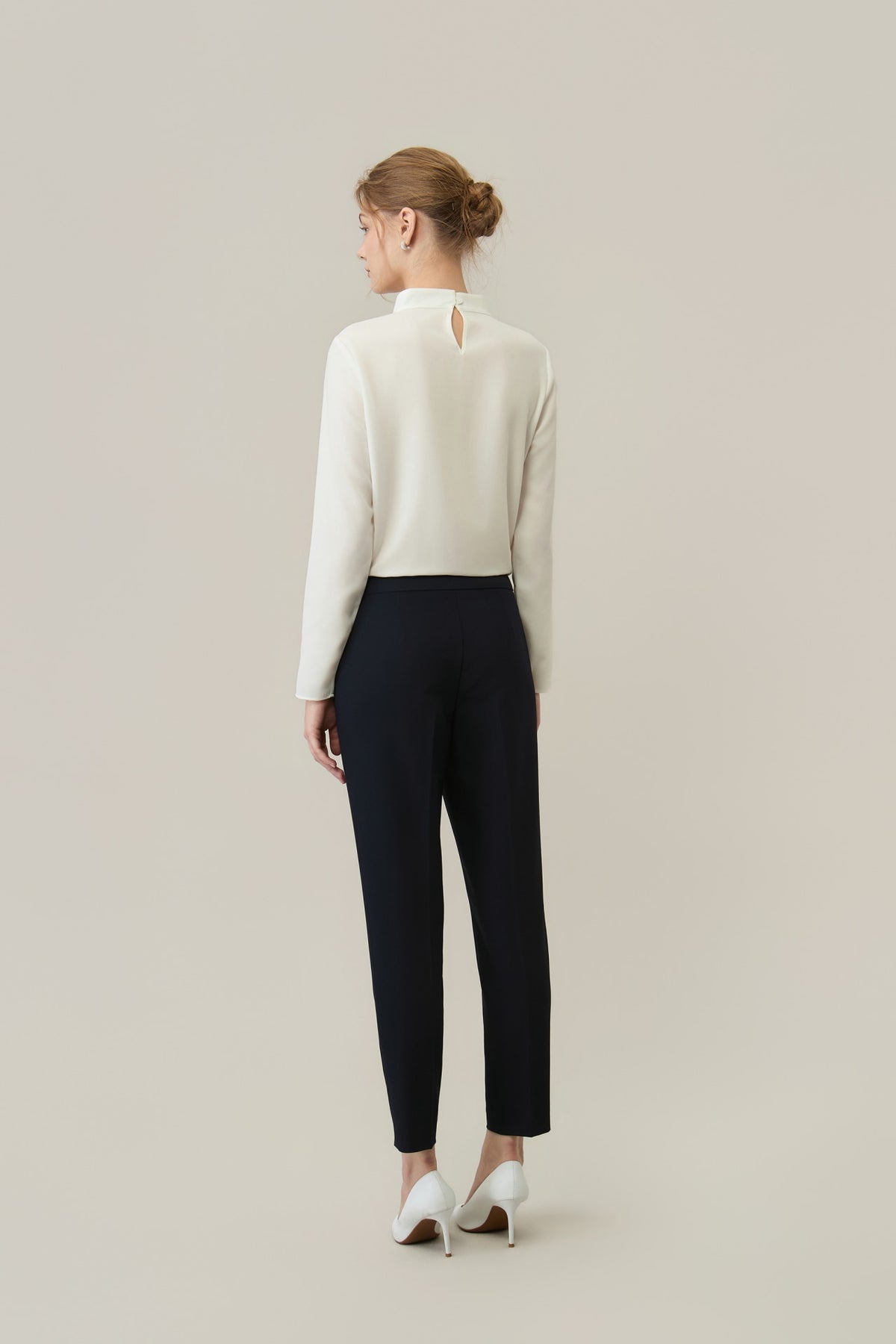 Poly Crepe Self-Tie Stand Collar Regular Fit Blouse