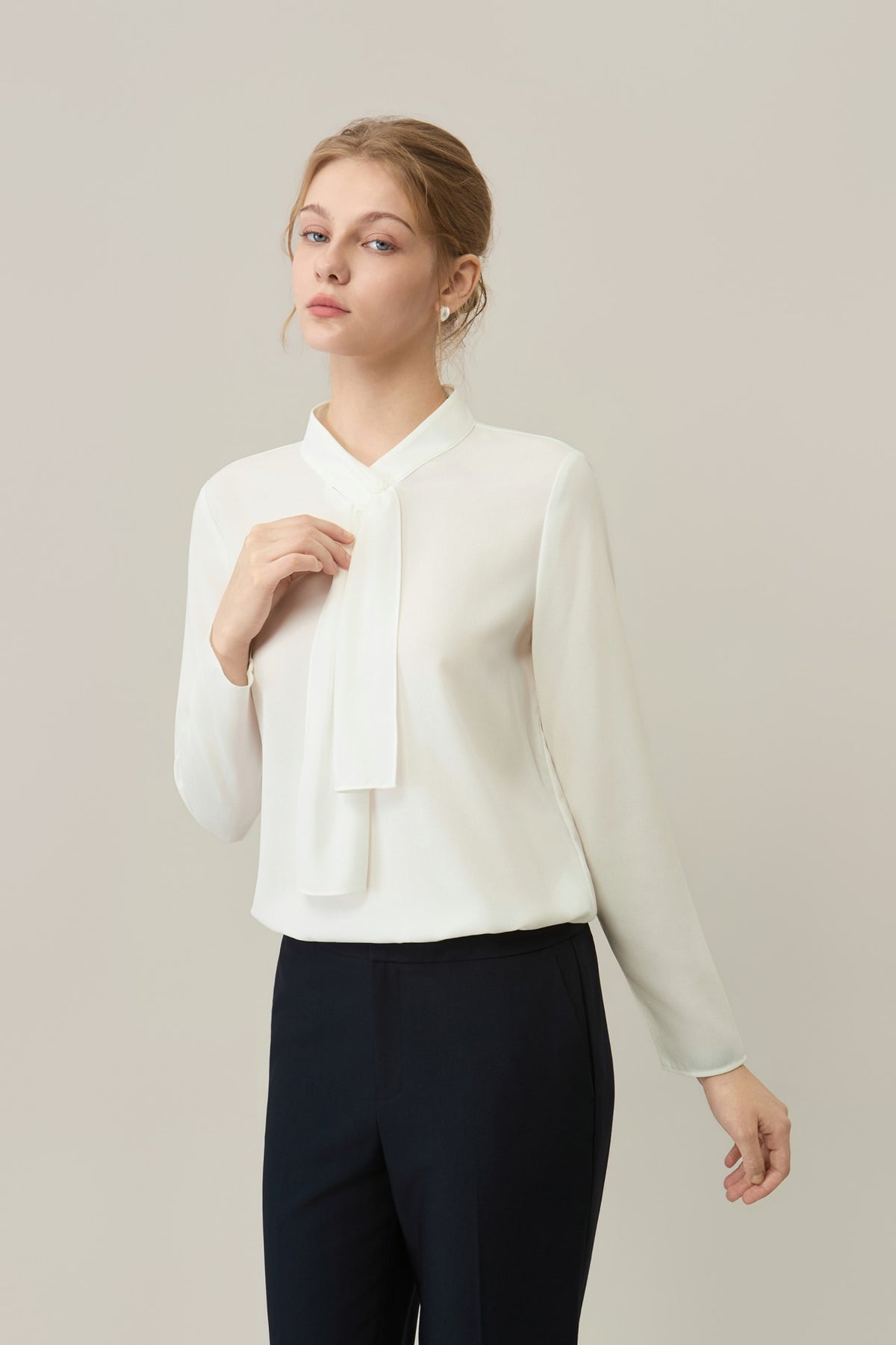 Poly Crepe Self-Tie Stand Collar Regular Fit Blouse
