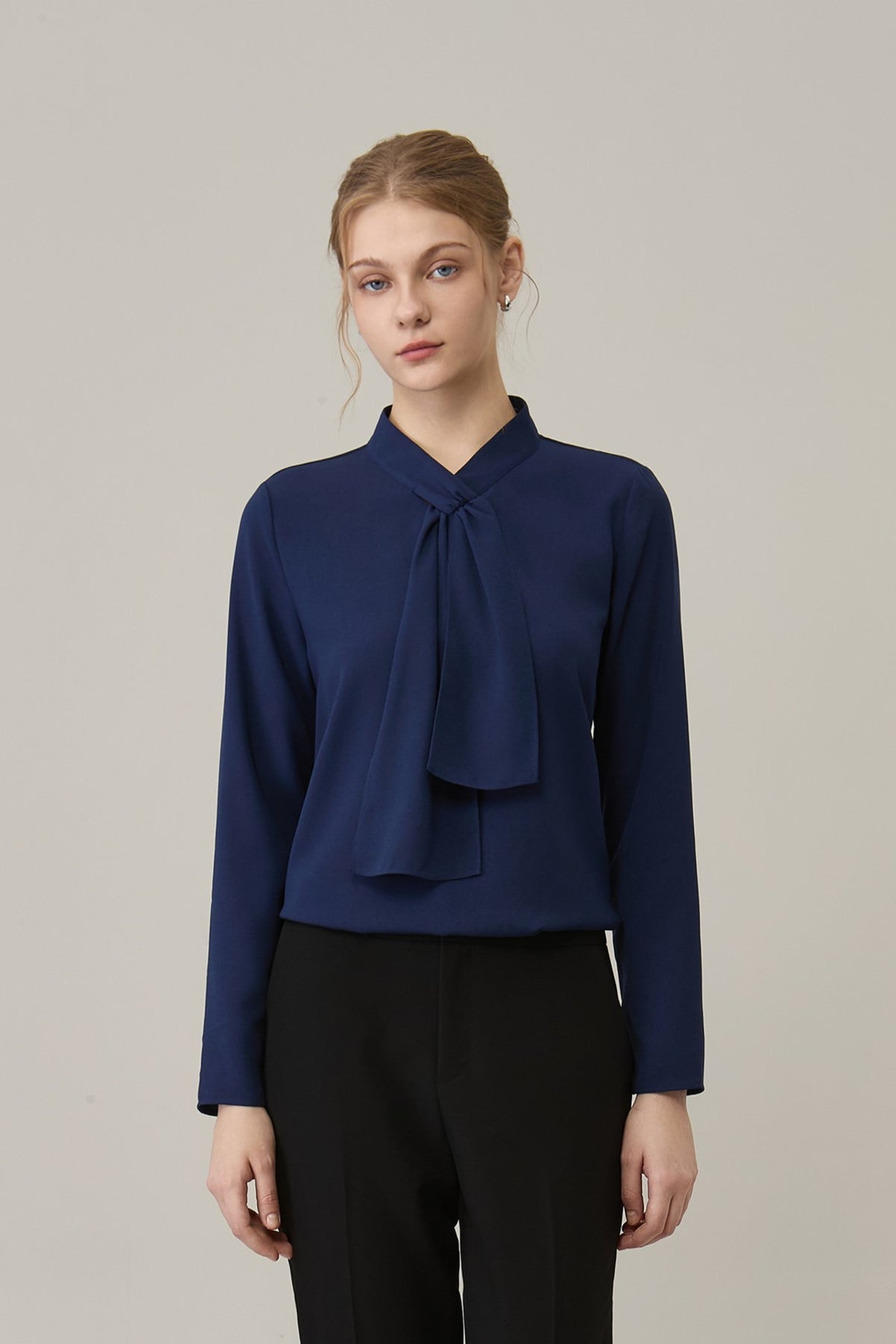 Poly Crepe Self-Tie Stand Collar Regular Fit Blouse