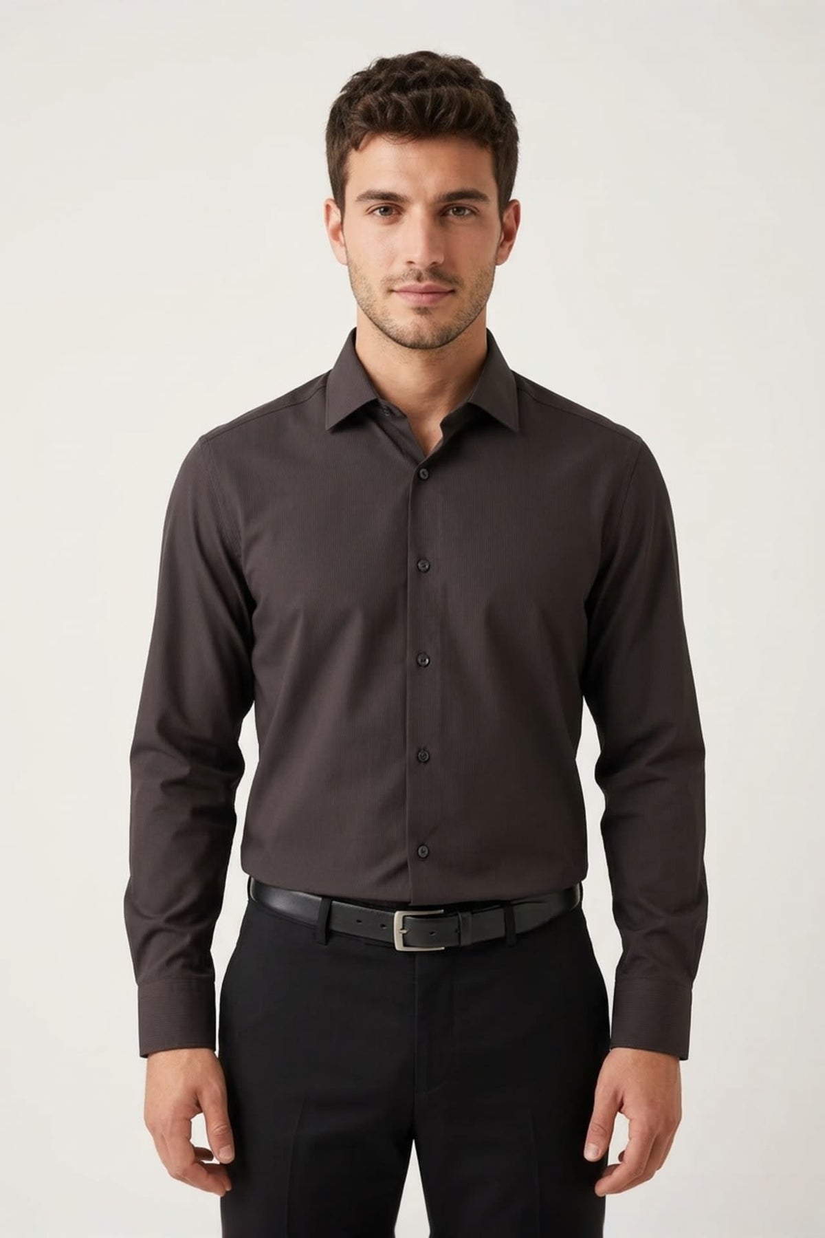 G2000 - Shirts - Non-Iron Dry Stretch Texture Stripe Smart Fit Long Sleeve Shirt - Anthracite - Smart