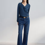 G2000 Shirts & Tops Dotted Print Ruffled V-Neck Blouse Azure Twilight Regular