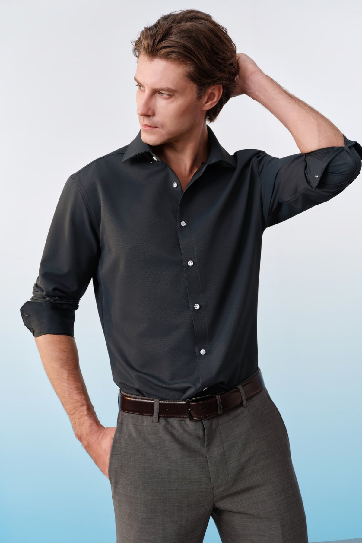G2000 - Shirts - Non-Iron Dry Multi-Way Stretch Herringbone Smart Fit Long Sleeve Shirt - Green Gables - Smart