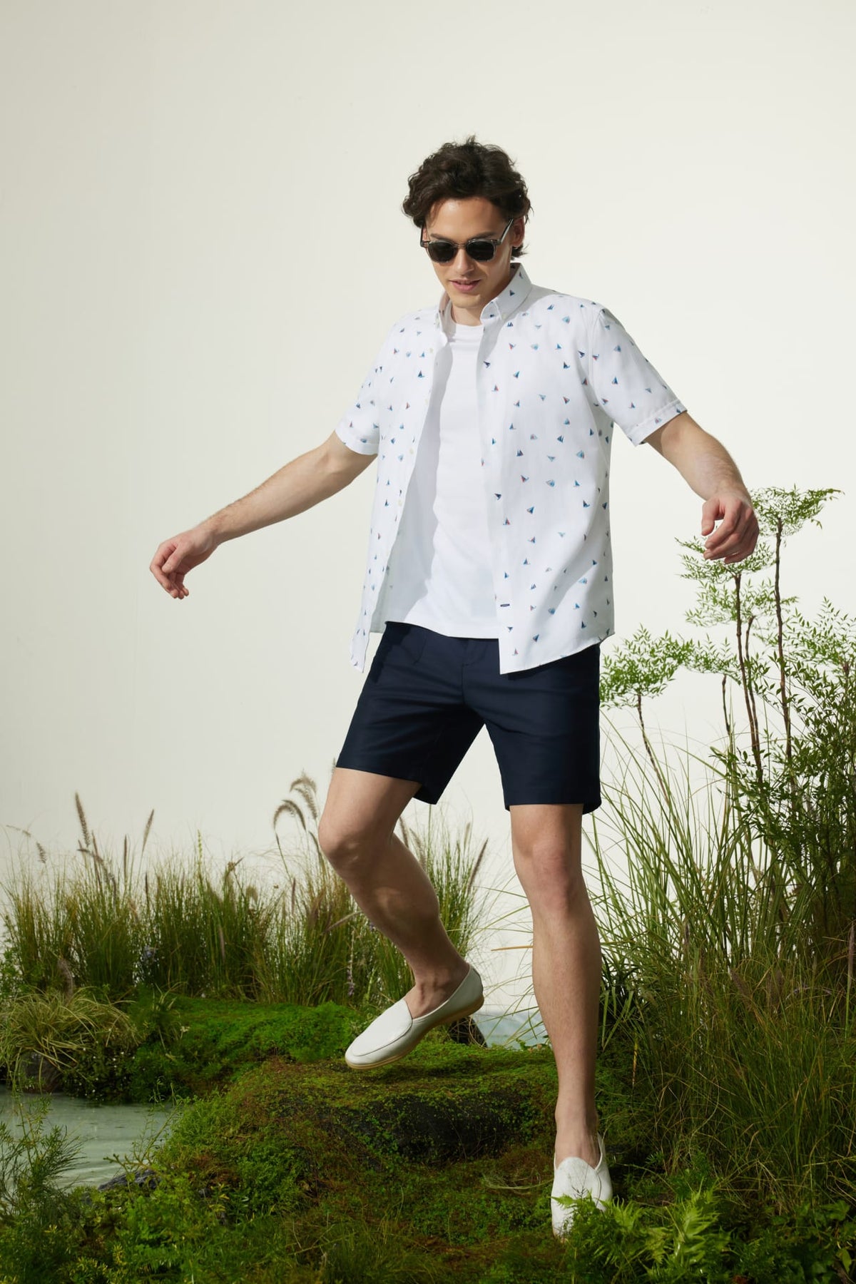 G2000 - Shirts - Cotton Oxford Sail Boat Digital Print Smart Fit Short Sleeve Casual Shirt