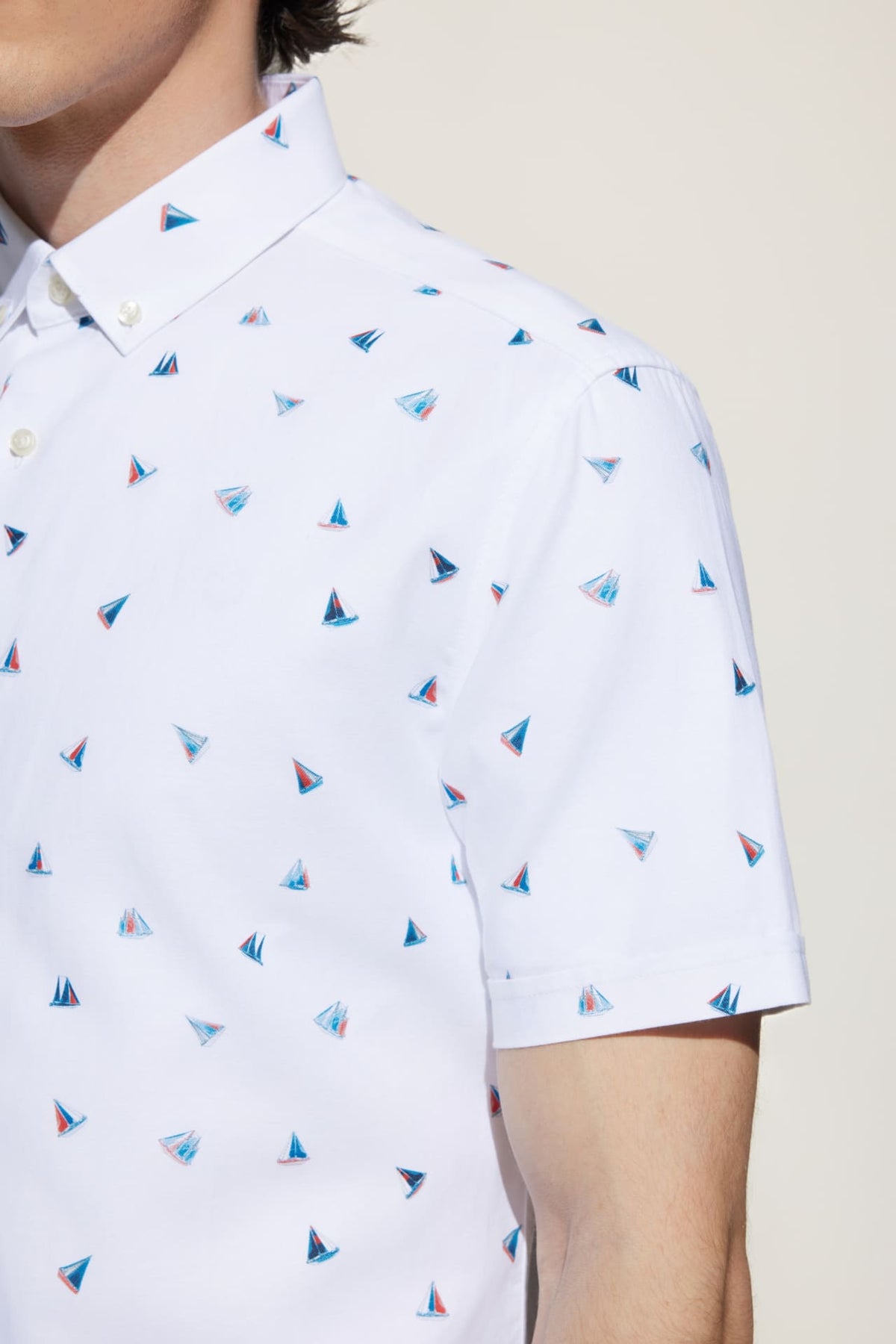 G2000 - Shirts - Cotton Oxford Sail Boat Digital Print Smart Fit Short Sleeve Casual Shirt