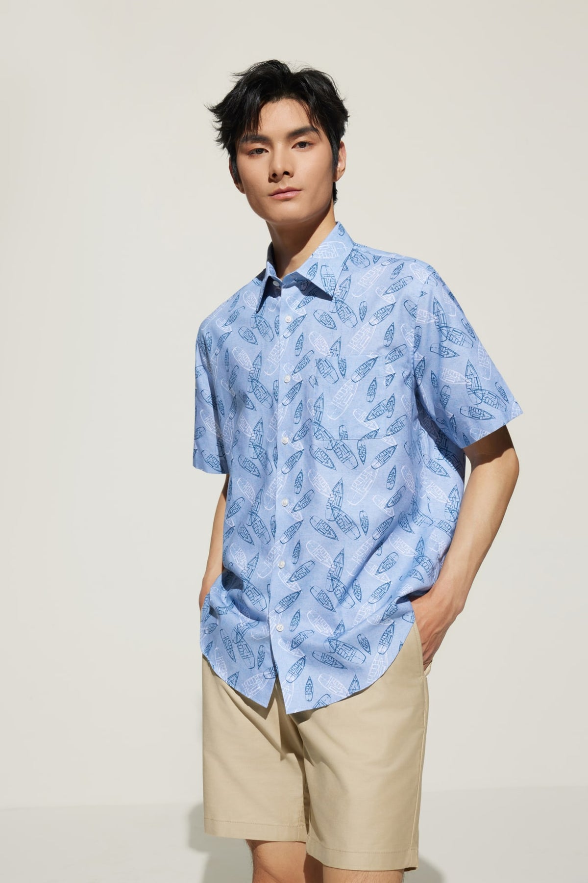 G2000 Shirts Cotton Oxford Boat Digital Print Comfort Fit Short Sleeve Casual Shirt