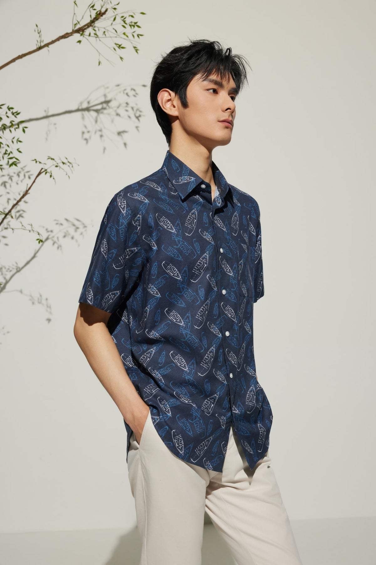 G2000 Shirts Cotton Oxford Boat Digital Print Comfort Fit Short Sleeve Casual Shirt
