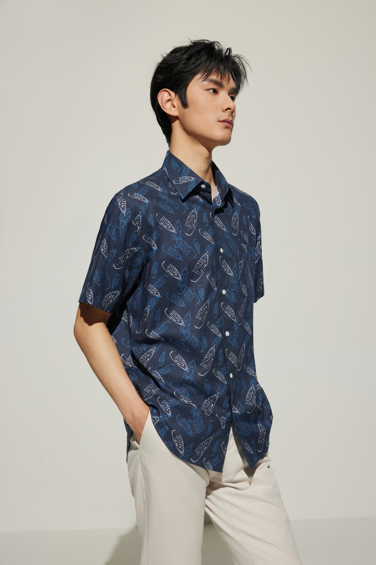 G2000 Shirts Cotton Oxford Boat Digital Print Comfort Fit Short Sleeve Casual Shirt