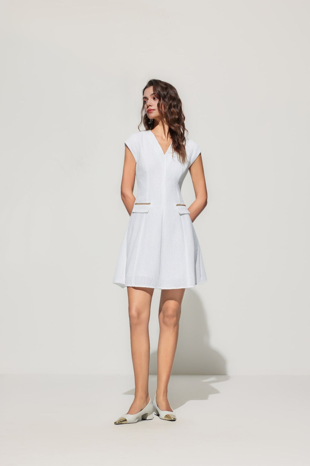 G2000 Dresses Tweed Flare Dress With Trims Frosted Porcelain Regular