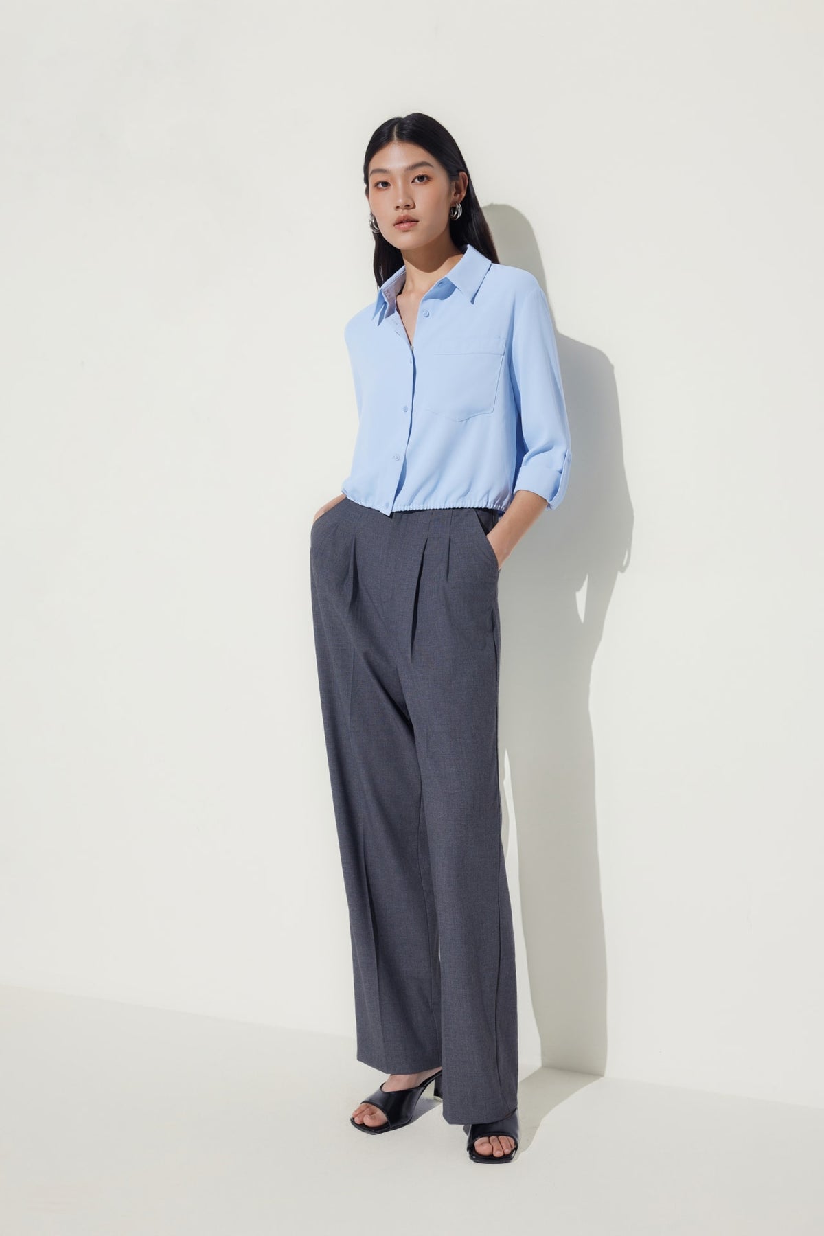 G2000 - Blouses - Satin Rolled Sleeves Shirt Blouse - Windswept Sky - Regular
