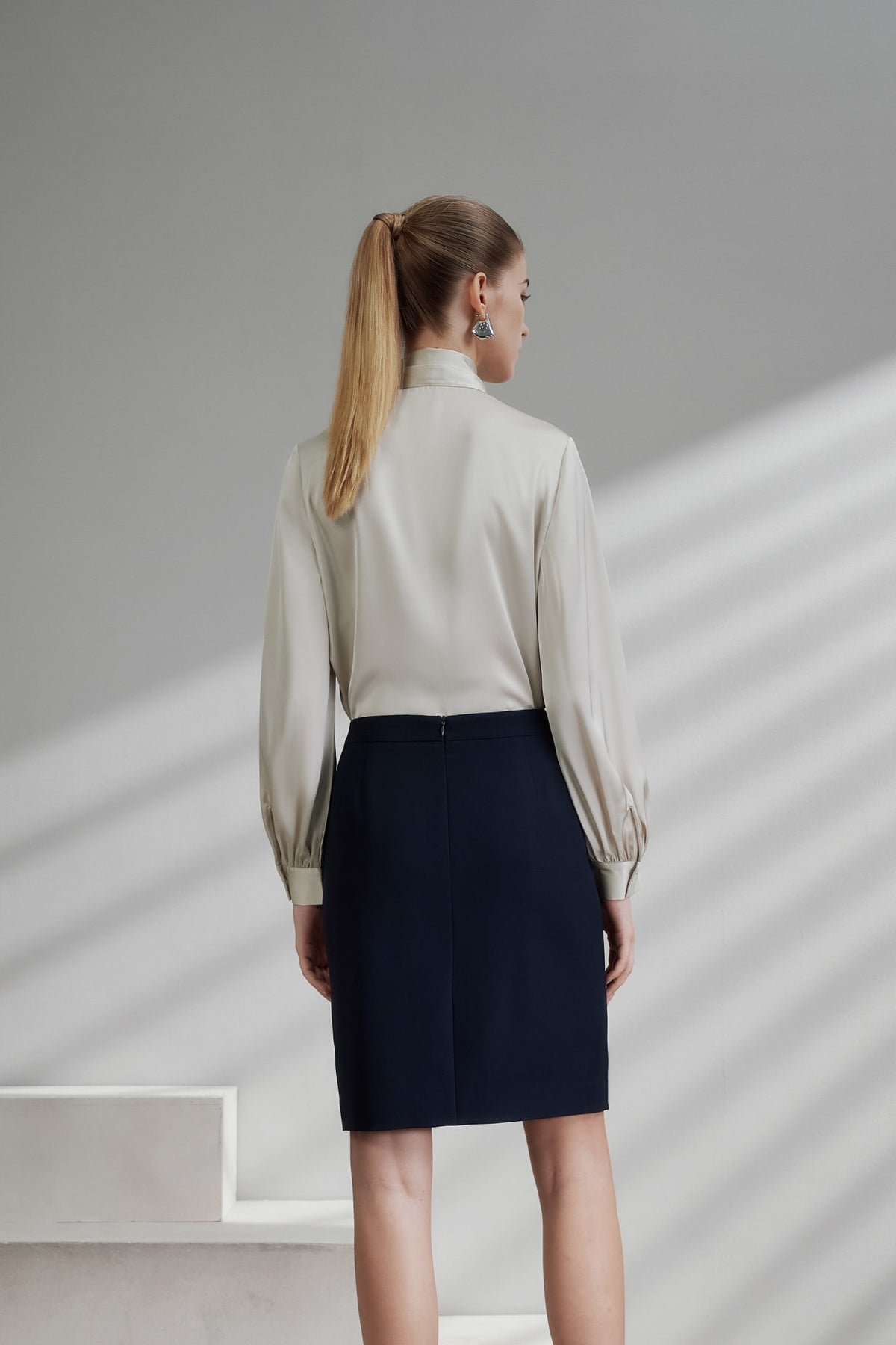 G2000 - Blouses - Satin Stand Collar Blouse With Detachable Contrasting Tie