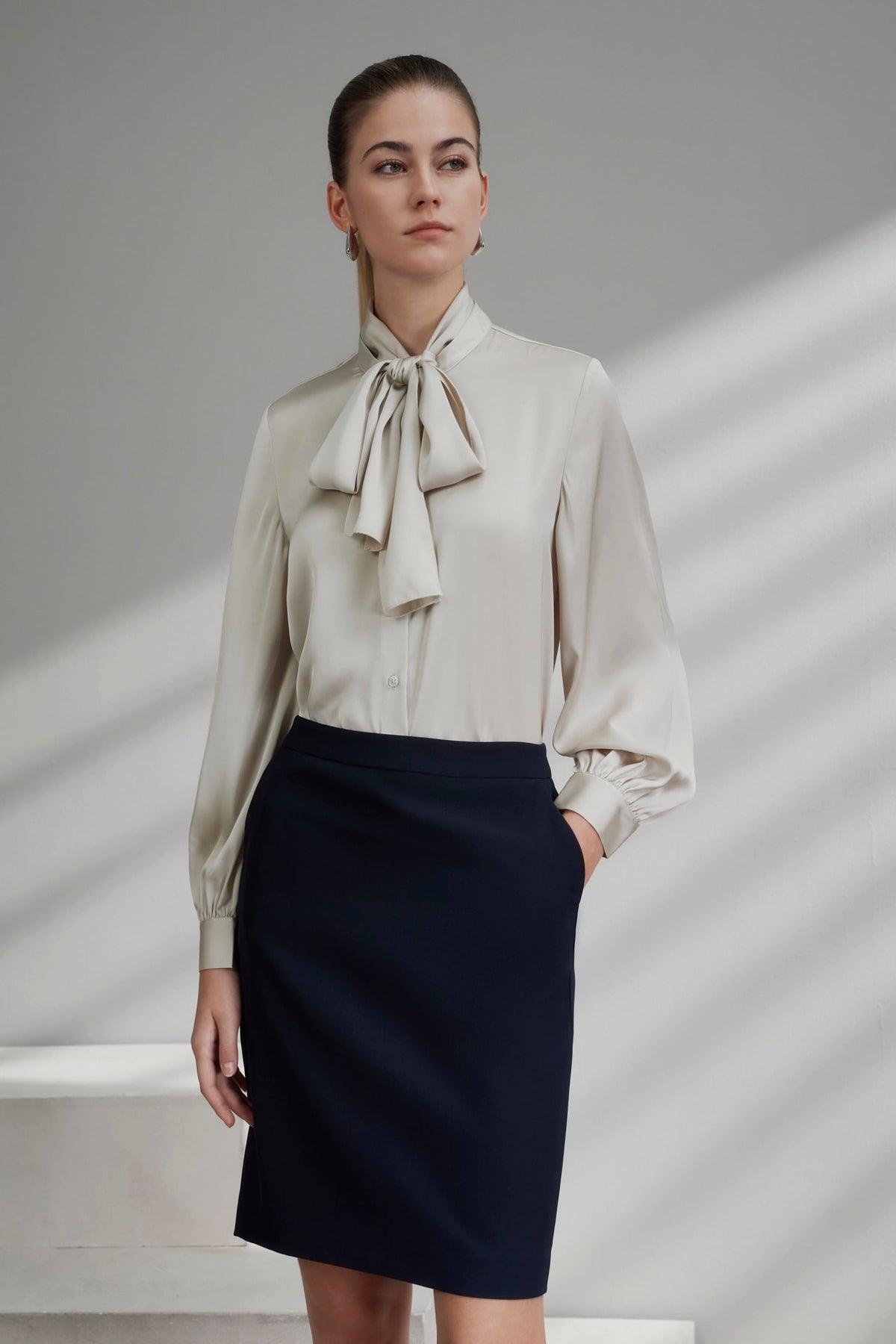 G2000 - Blouses - Satin Stand Collar Blouse With Detachable Contrasting Tie