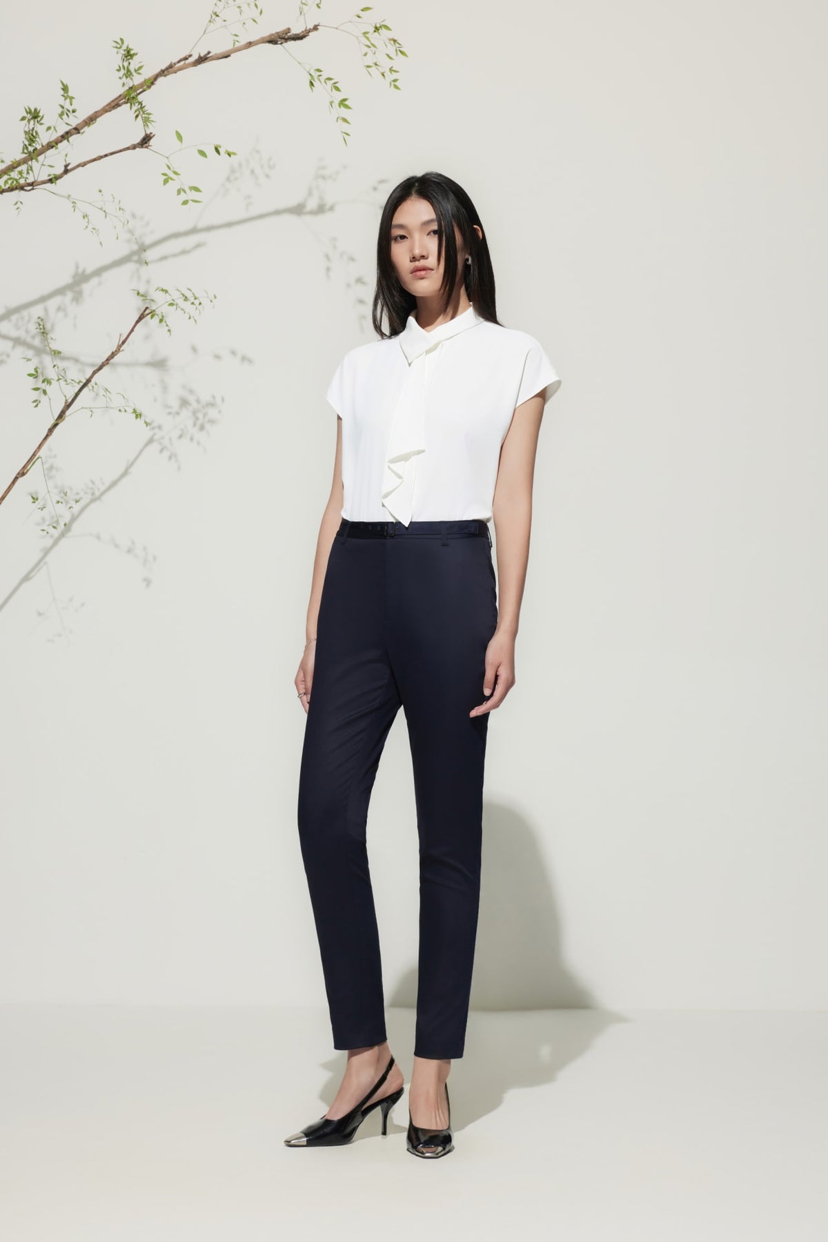 G2000 Blouses Satin Asymmetrical Stand Collar Blouse With Tie