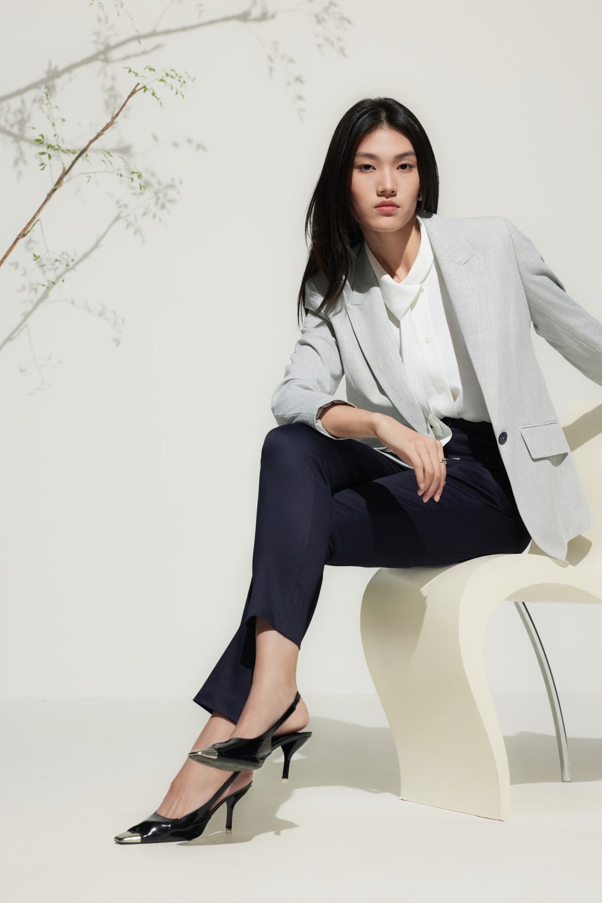 G2000 Blouses Satin Asymmetrical Stand Collar Blouse With Tie