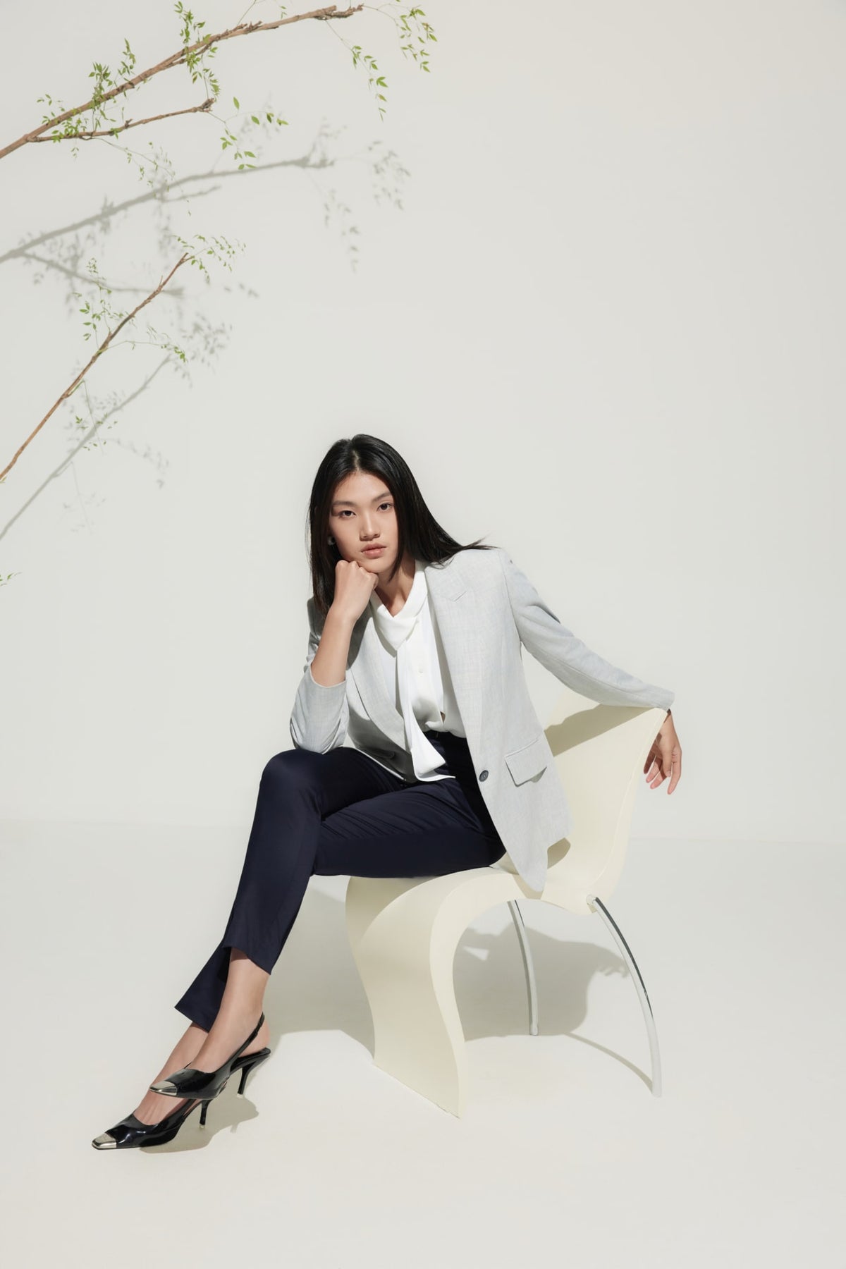 G2000 Blouses Satin Asymmetrical Stand Collar Blouse With Tie