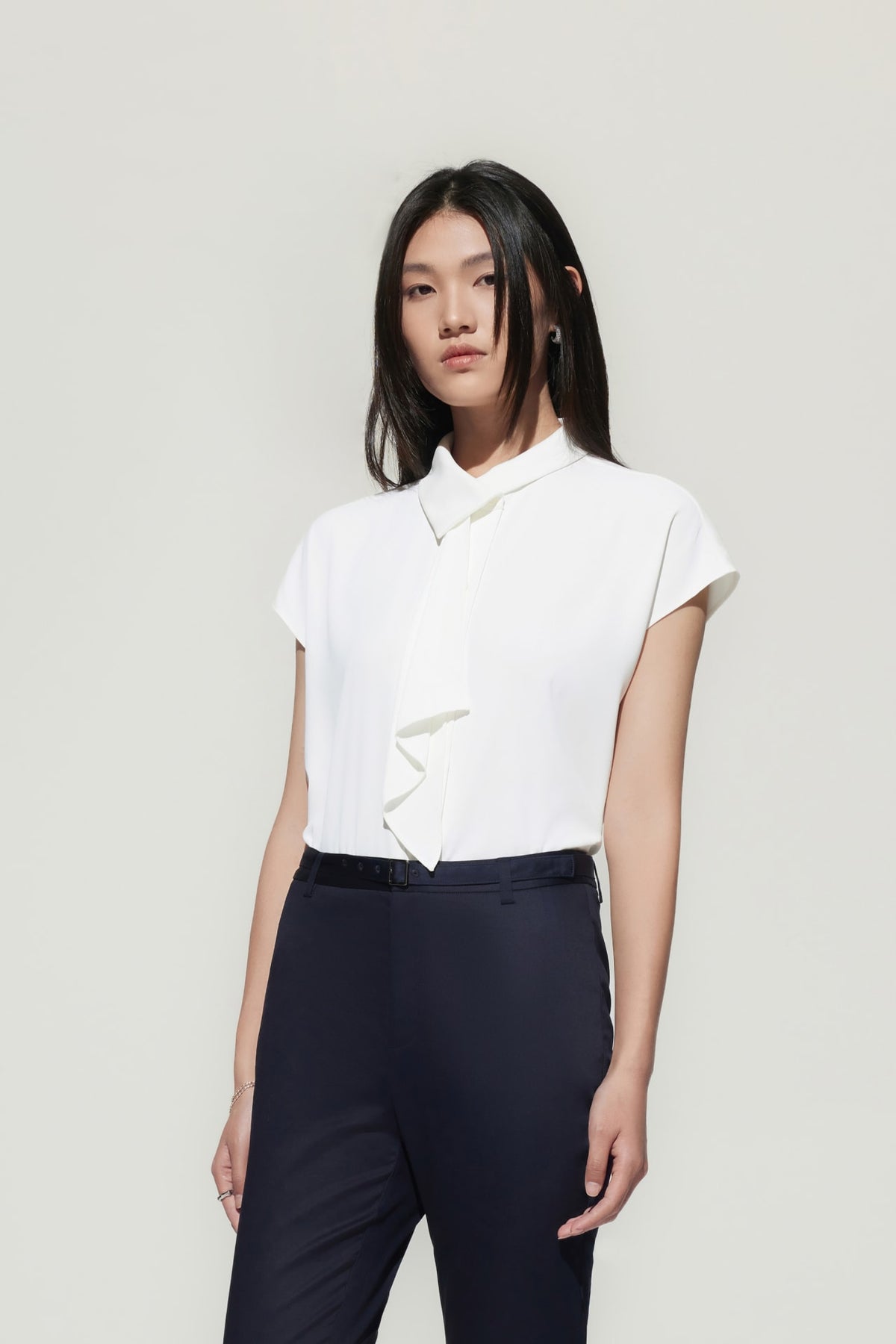 G2000 Blouses Satin Asymmetrical Stand Collar Blouse With Tie
