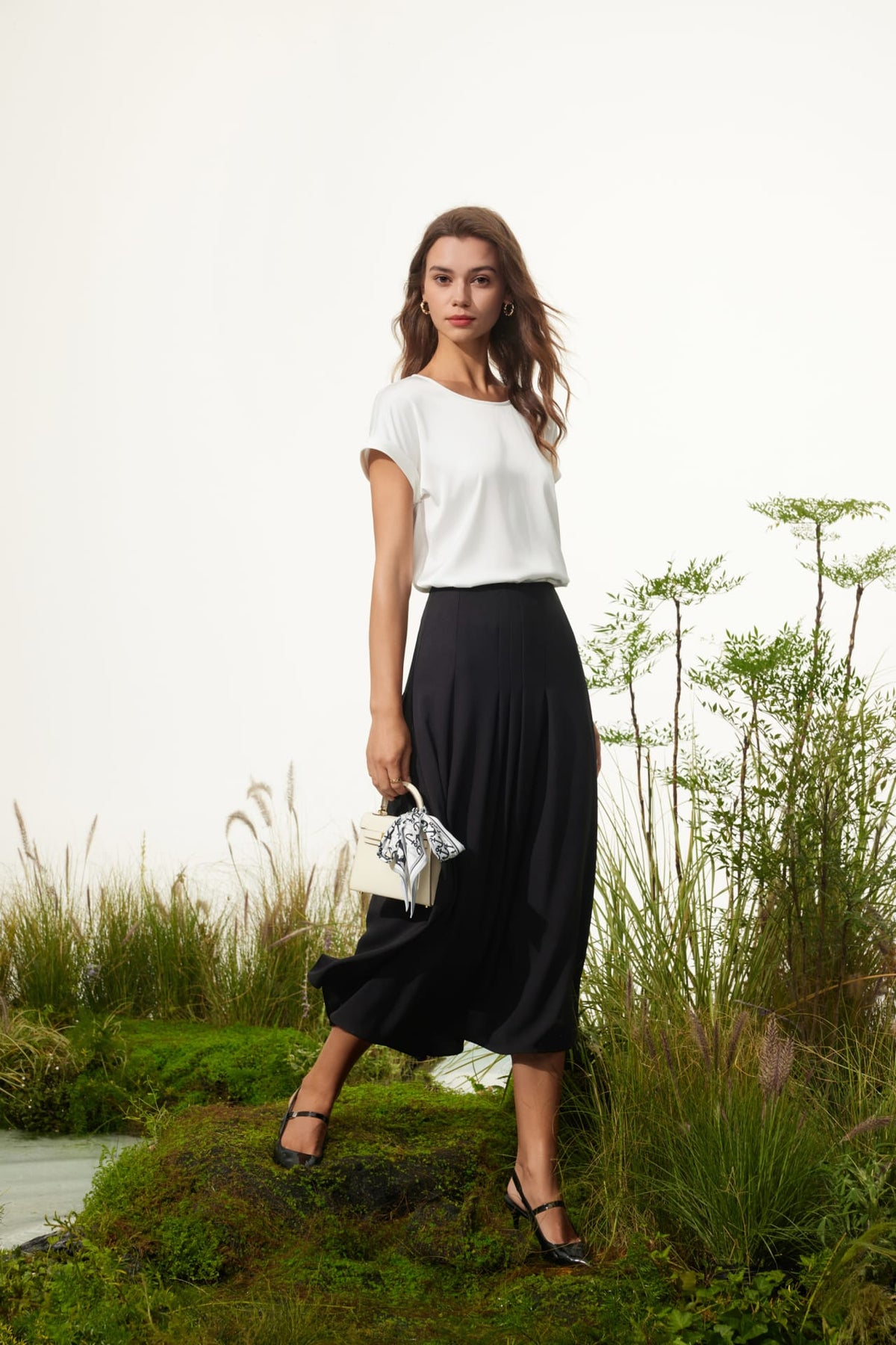 G2000 - Blouses - Satin Short Sleeve Blouse With Scarf & Ring