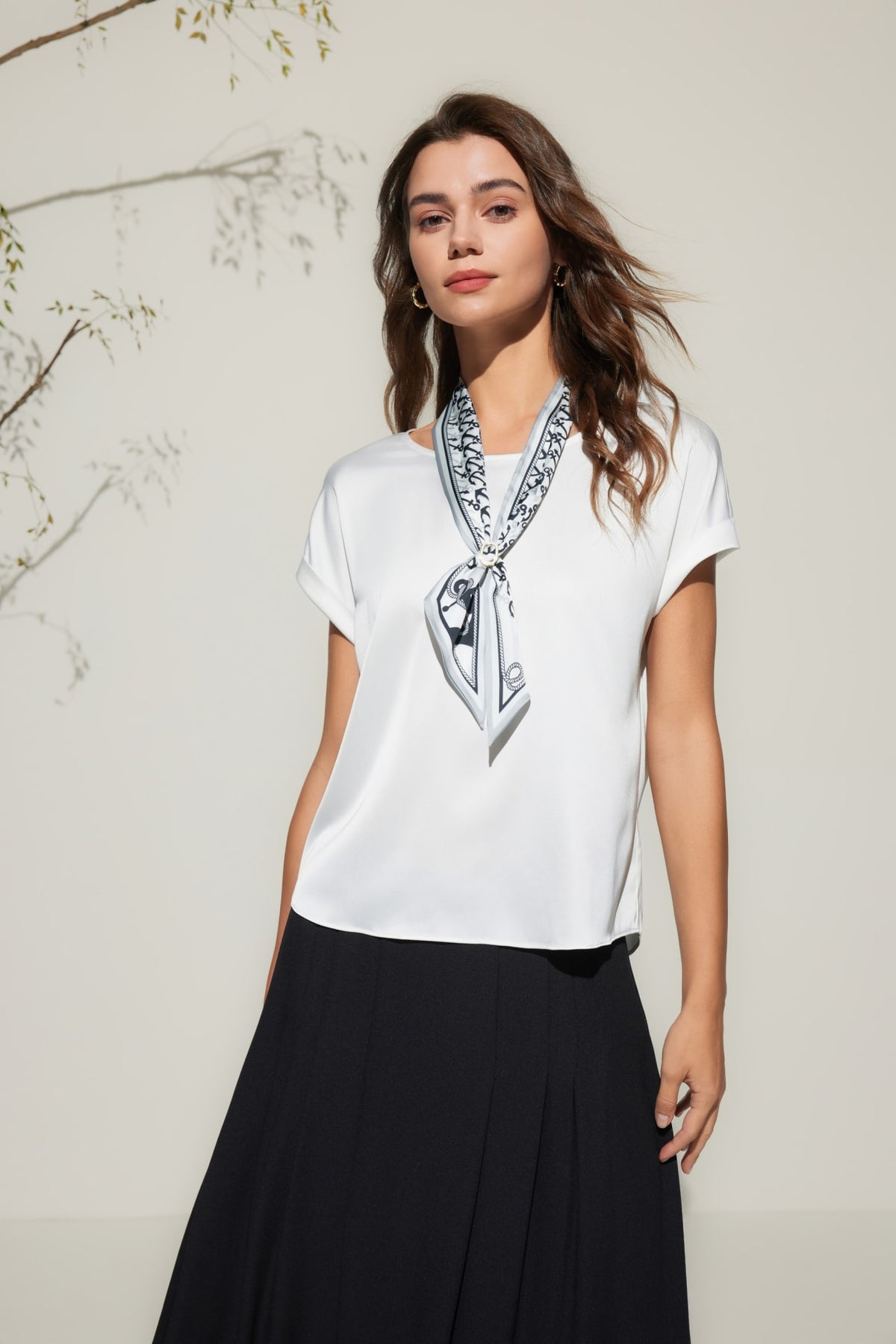 G2000 - Blouses - Satin Short Sleeve Blouse With Scarf & Ring