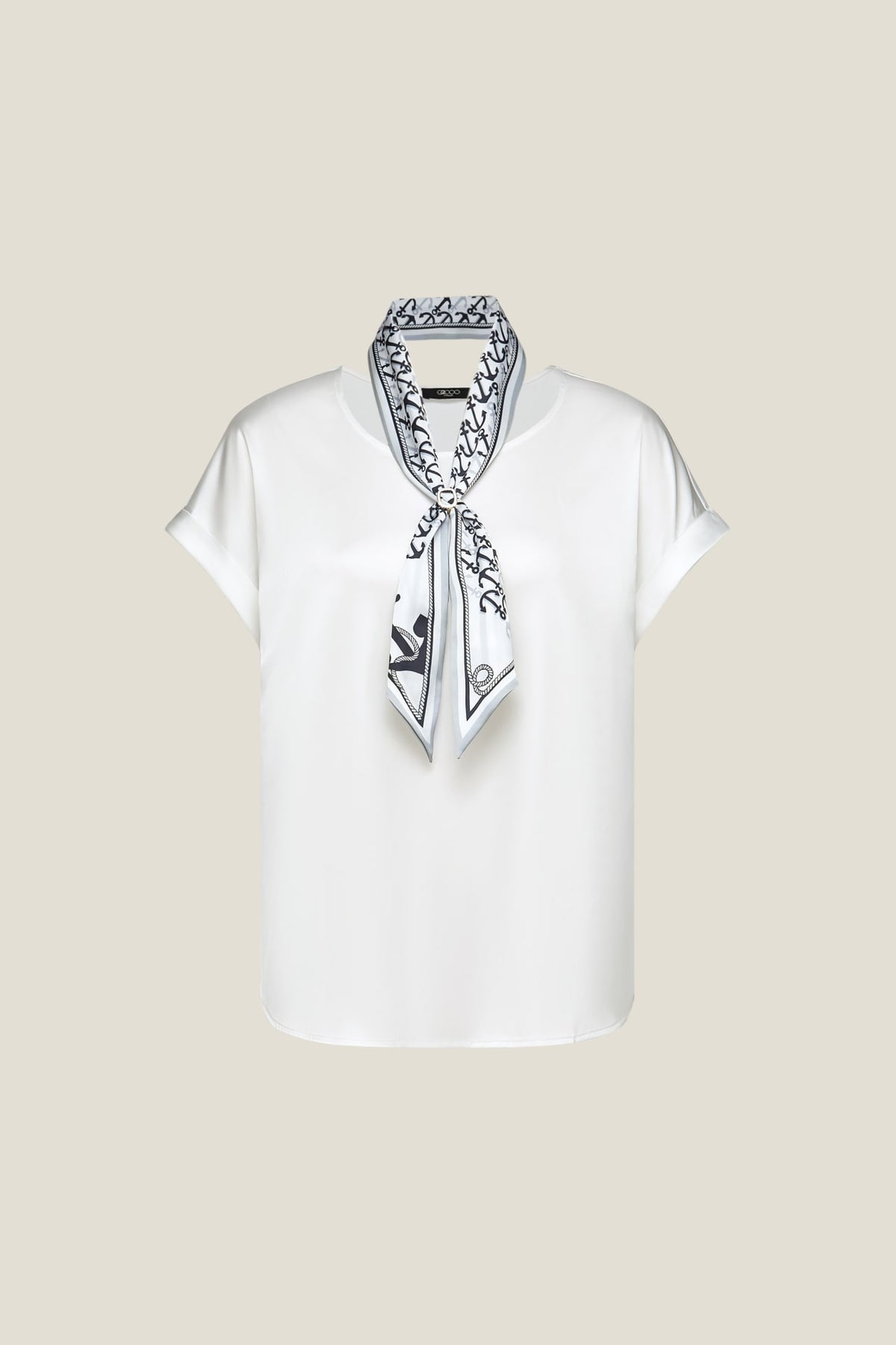 G2000 - Blouses - Satin Short Sleeve Blouse With Scarf & Ring