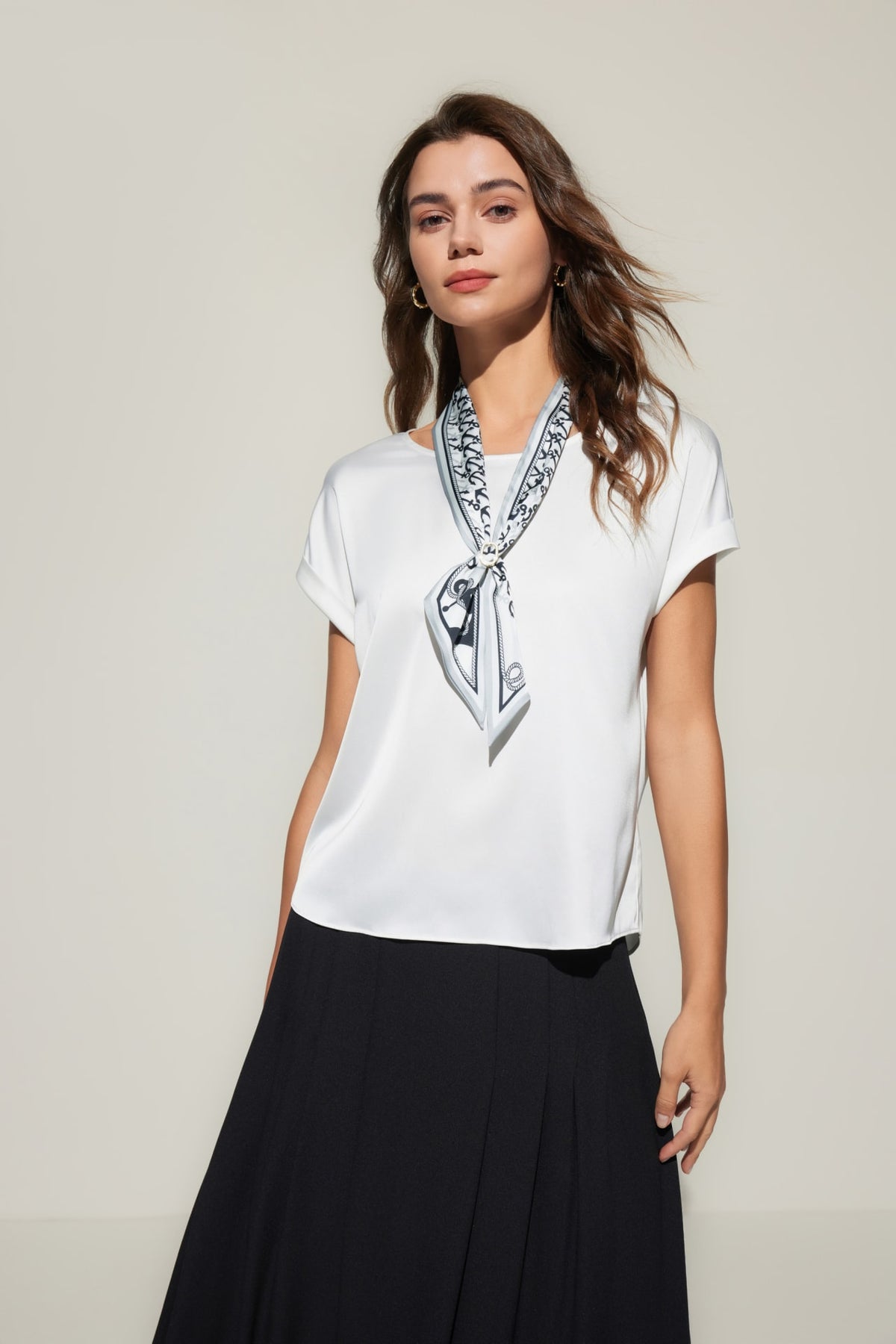 G2000 - Blouses - Satin Short Sleeve Blouse With Scarf & Ring