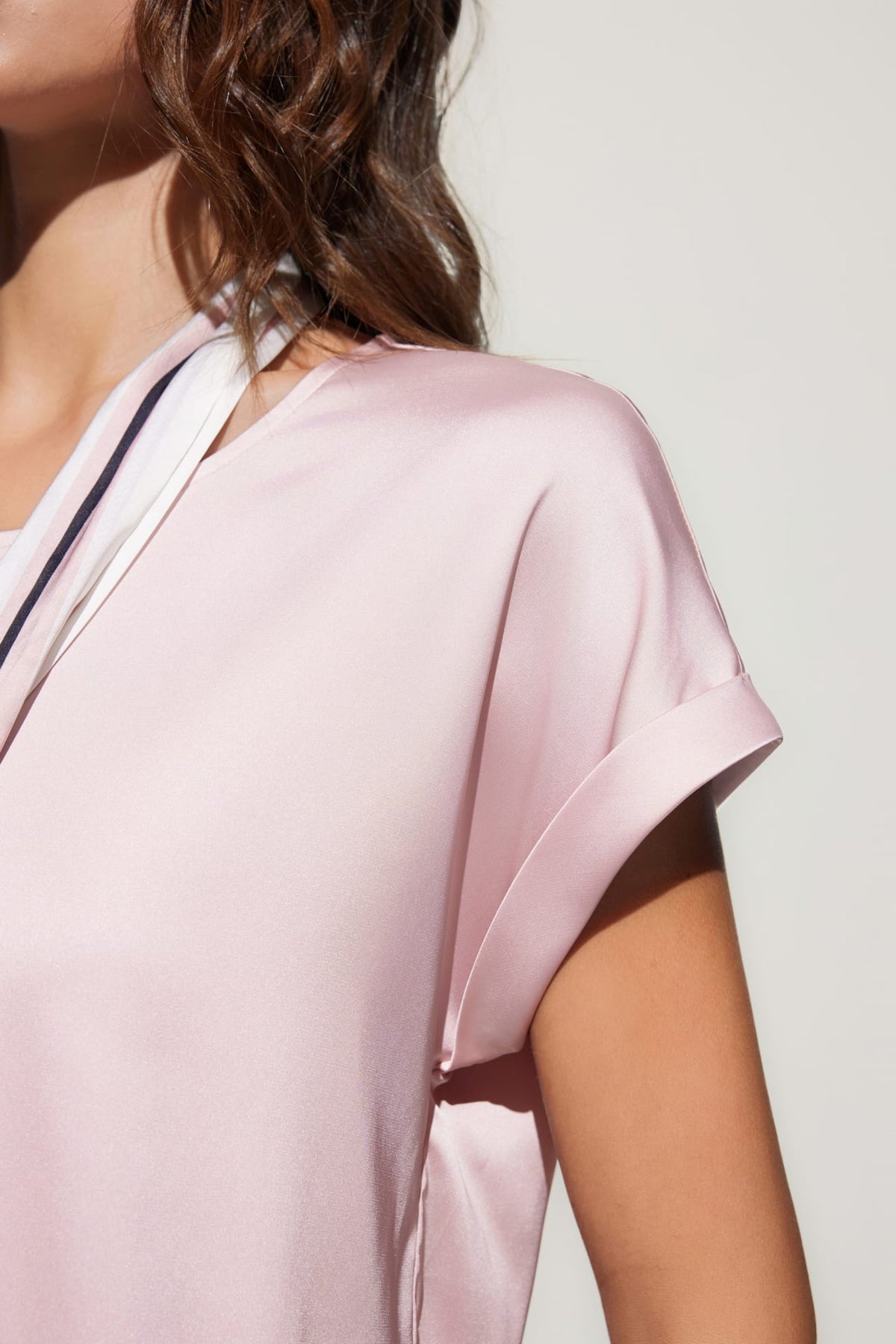 G2000 - Blouses - Satin Short Sleeve Blouse With Scarf & Ring