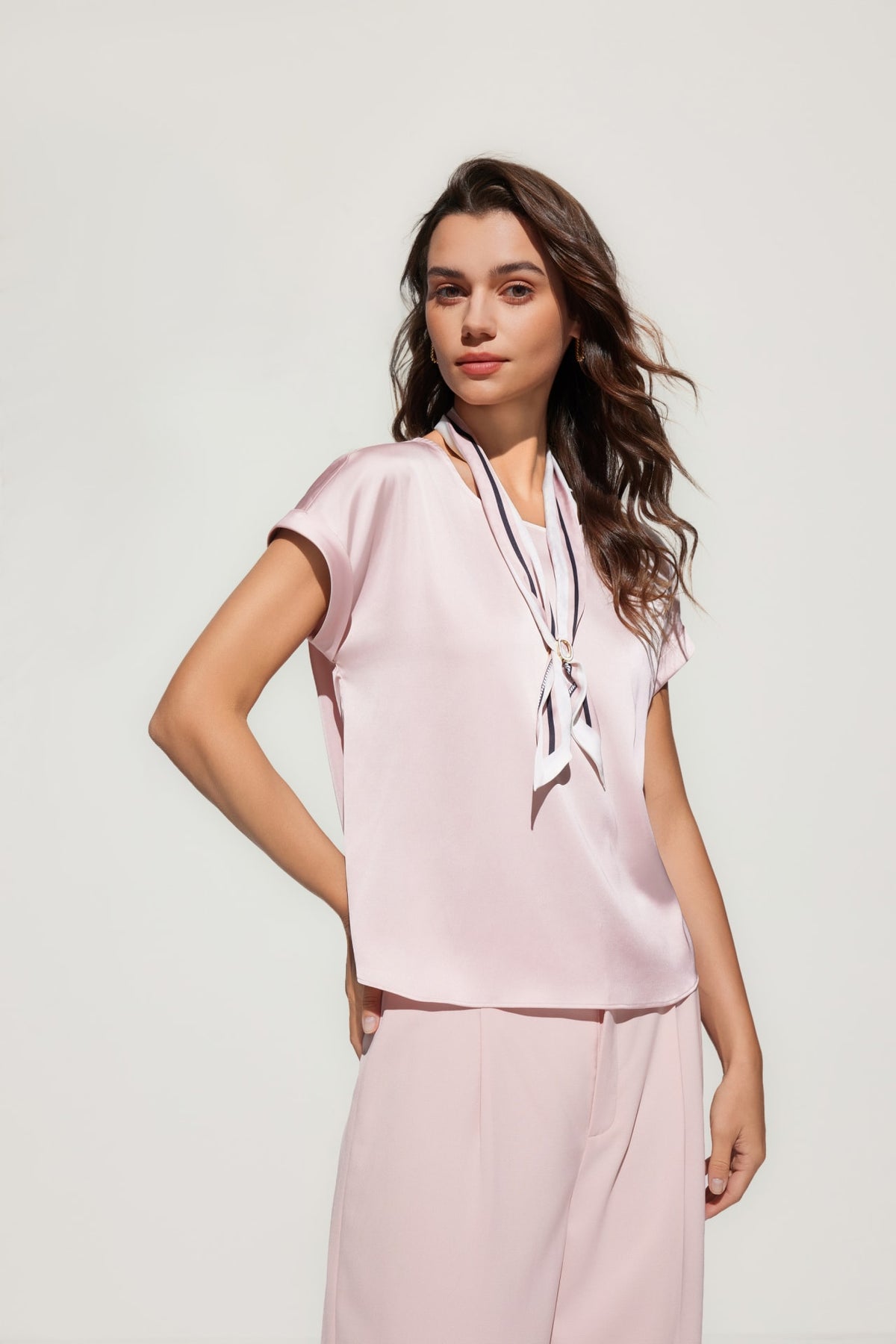 G2000 - Blouses - Satin Short Sleeve Blouse With Scarf & Ring