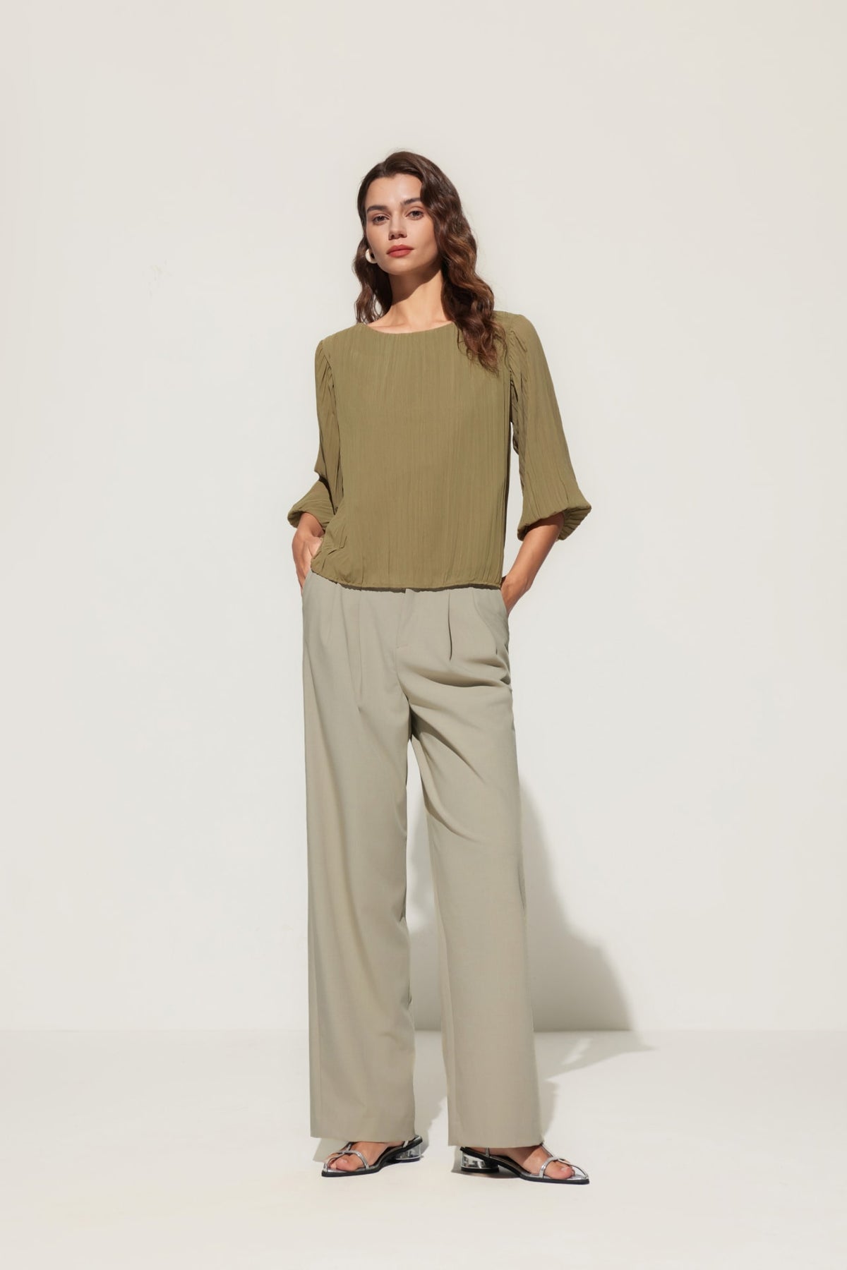 G2000 Blouses Pleated Blouse With Elasticated Cuffs Timeworn Moss Regular