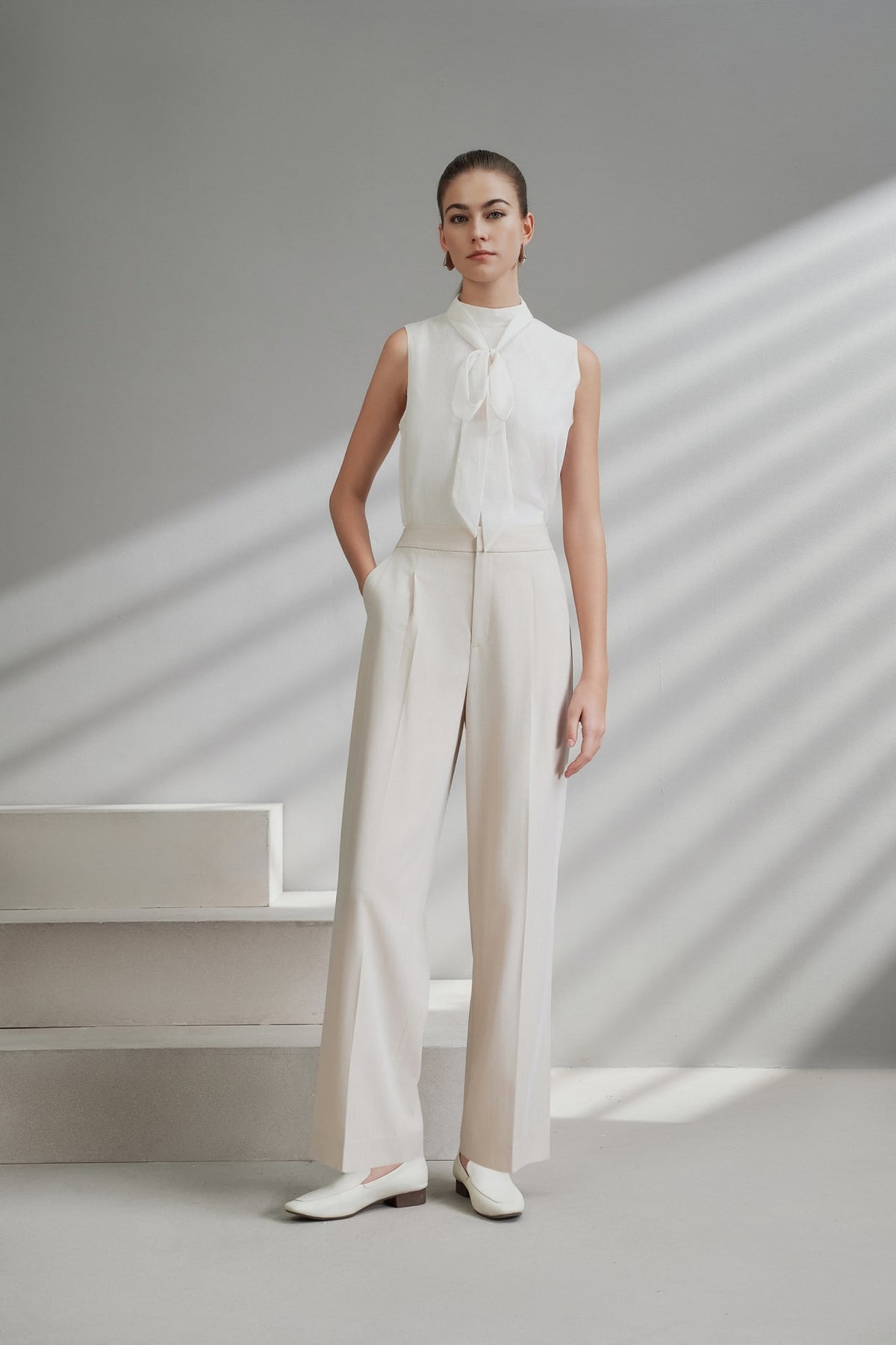 G2000 Blouses Stand Collar Blouse With Detachable Tie Glacier Dust Regular