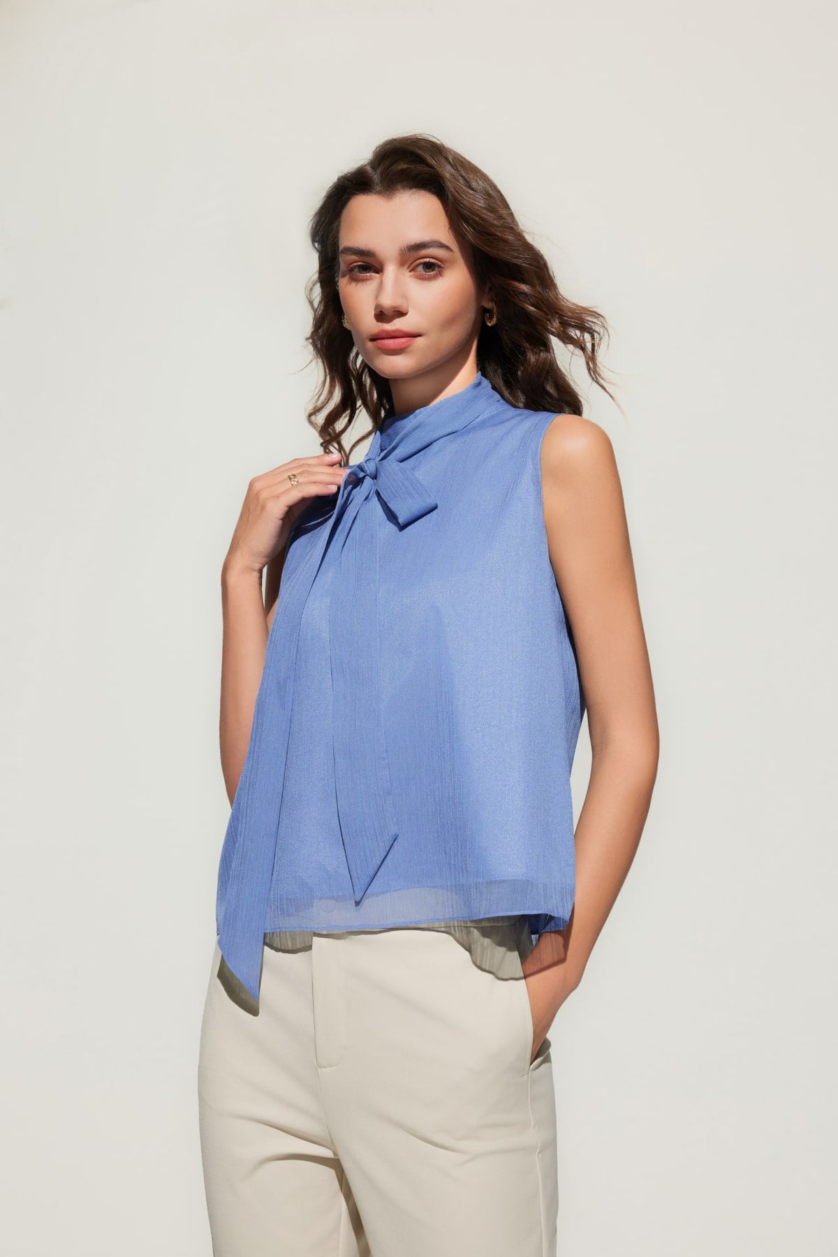 G2000 Blouses Stand Collar Blouse With Detachable Tie Vivid Aegean Regular