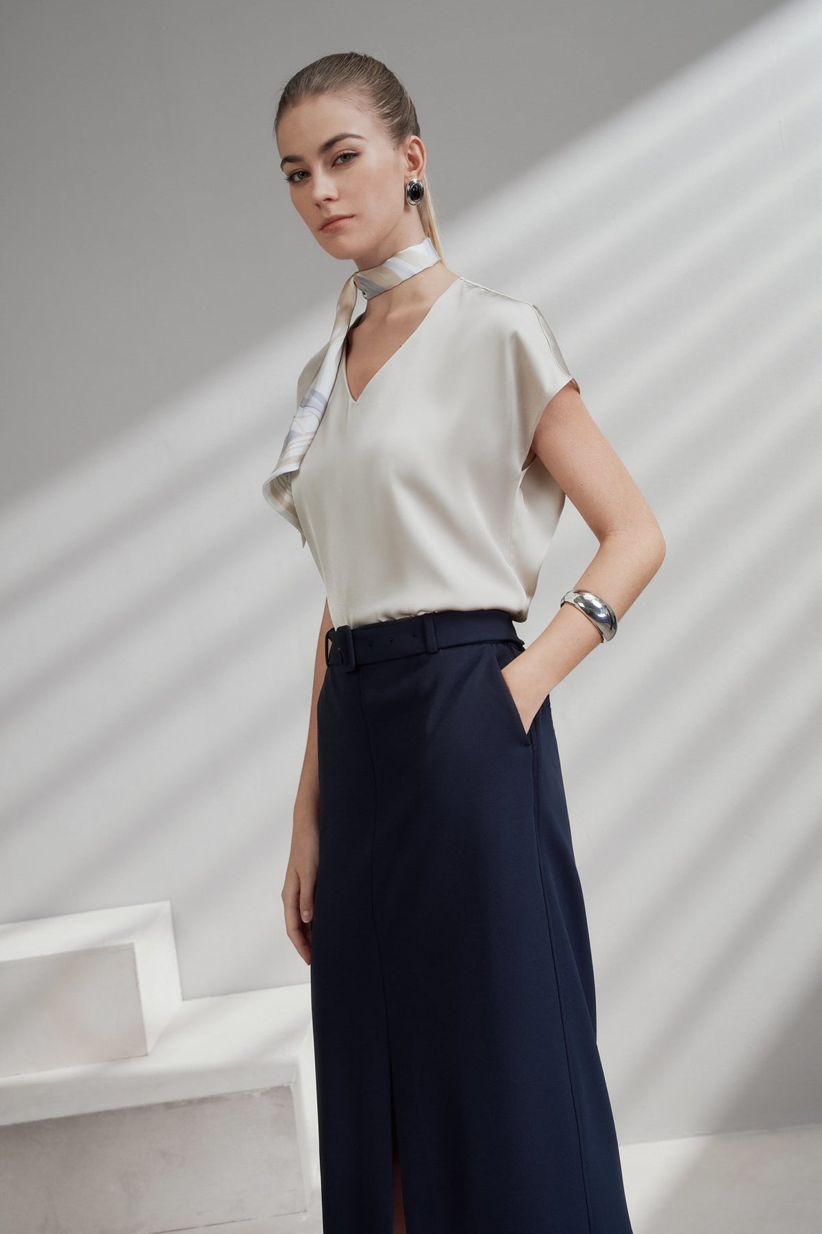 G2000 - Blouses - Satin V Neck Scarf Blouse
