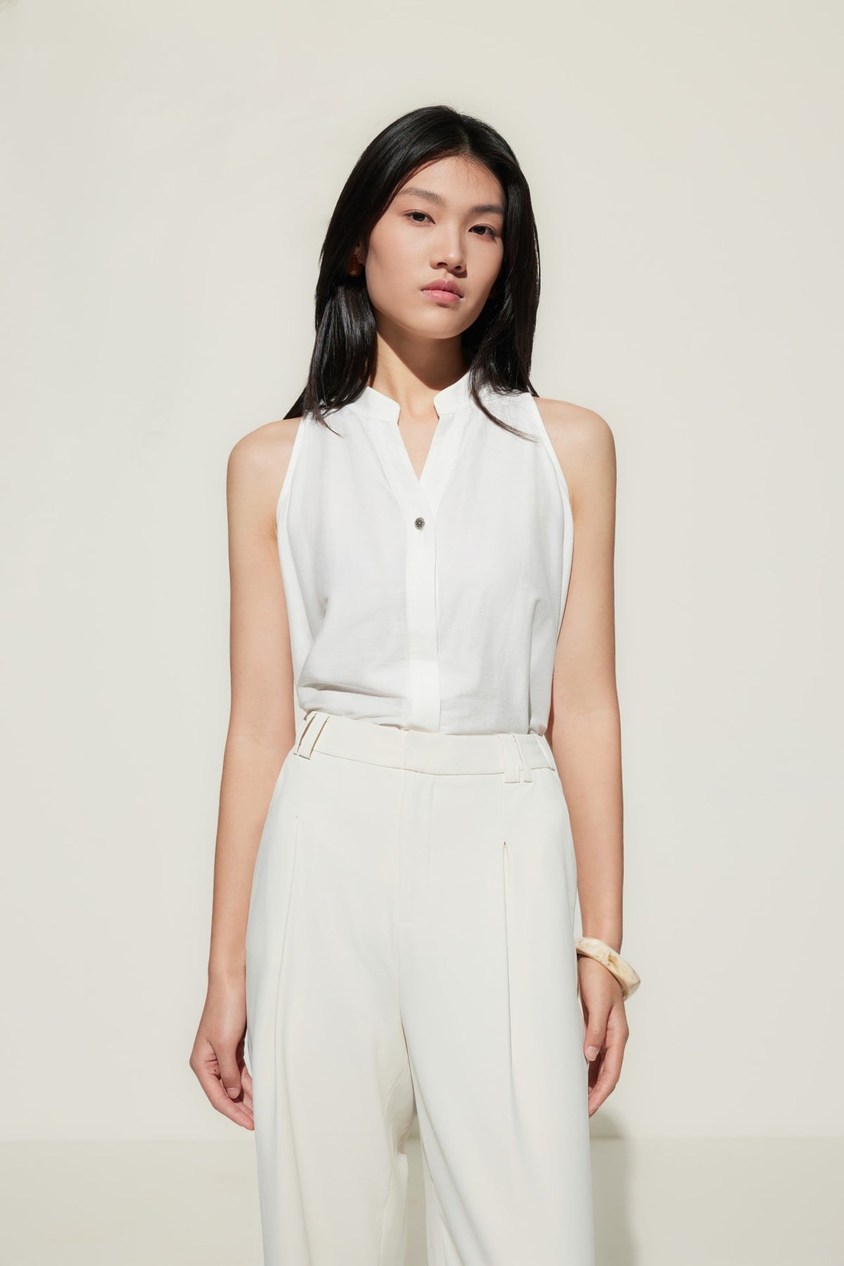 G2000 Blouses Stand Collar Top With Hi-Low Fit Hem
