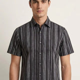 Wrinkle-Free Stripe Digital Print Comfort Fit Oxford Short Sleeve Casual Shirt