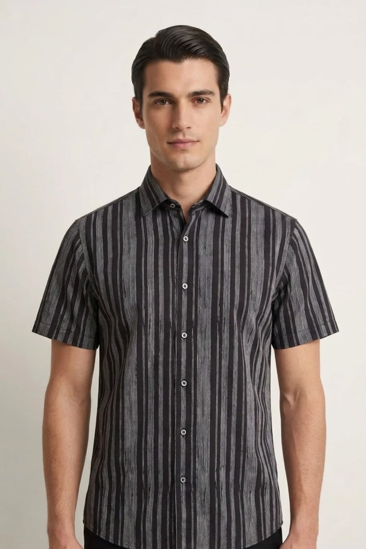 Wrinkle-Free Stripe Digital Print Comfort Fit Oxford Short Sleeve Casual Shirt