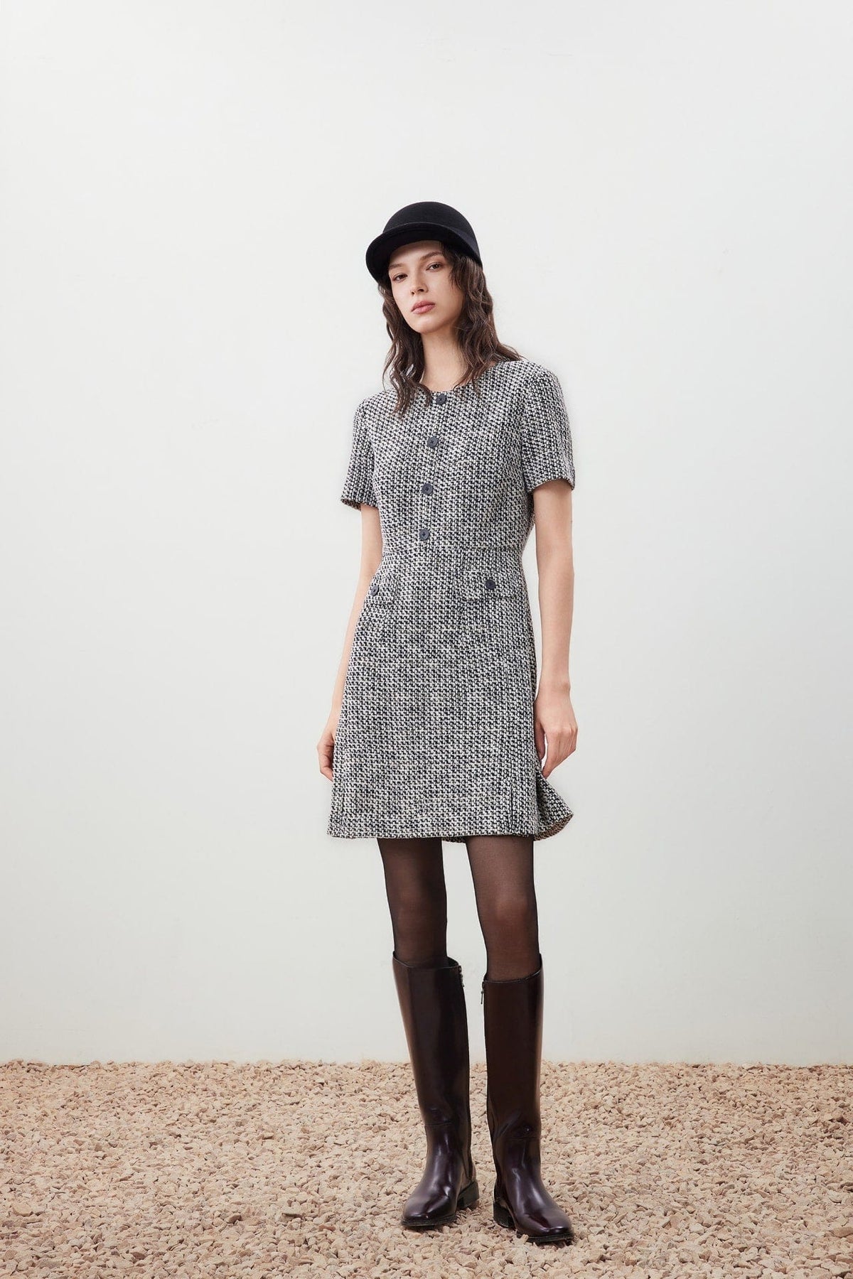 G2000 - Dresses - Tweed Knit Button Front Pleated Dress - Regular - Black