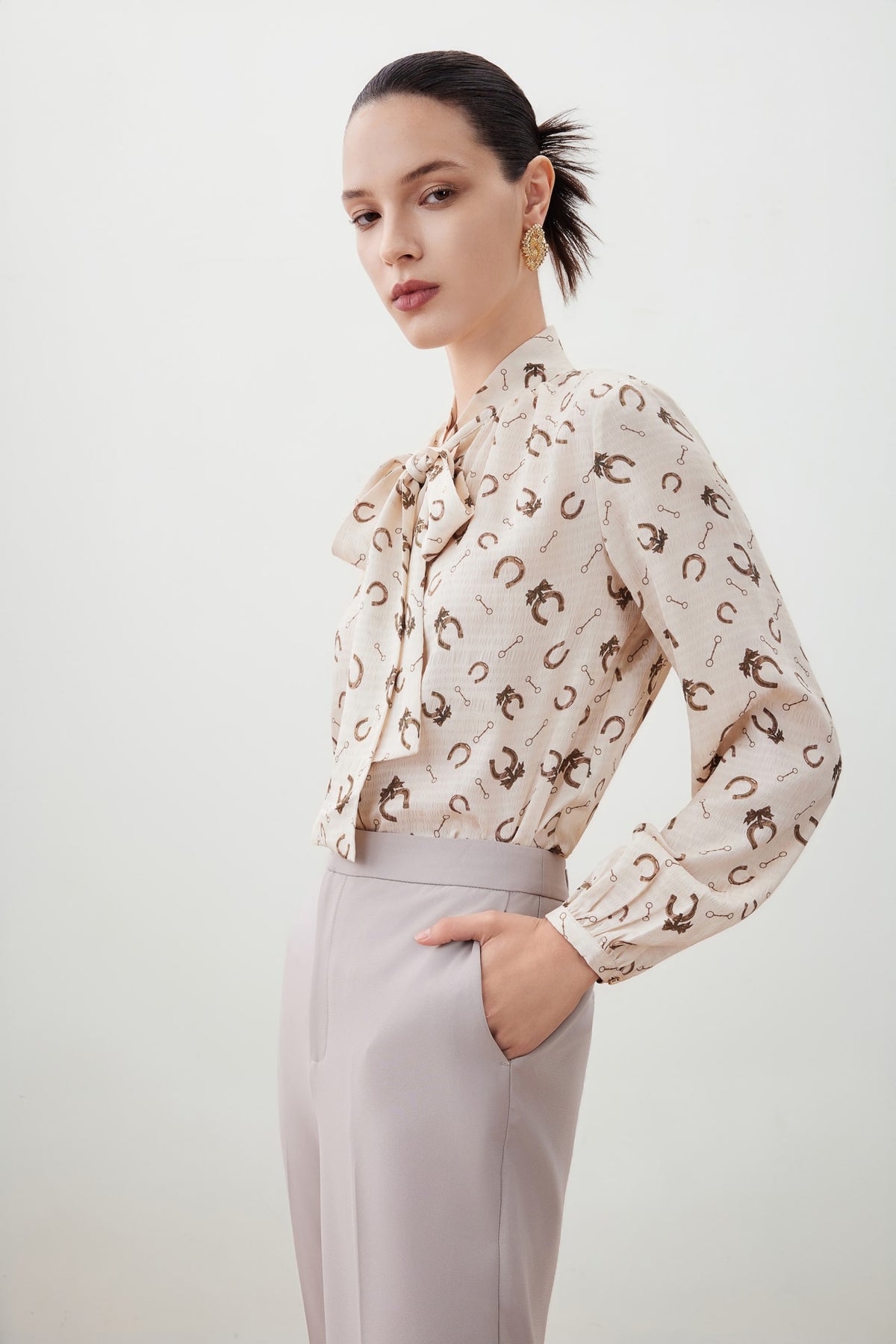 G2000 - Blouses - Horsebit Print Pussy Bow Blouse