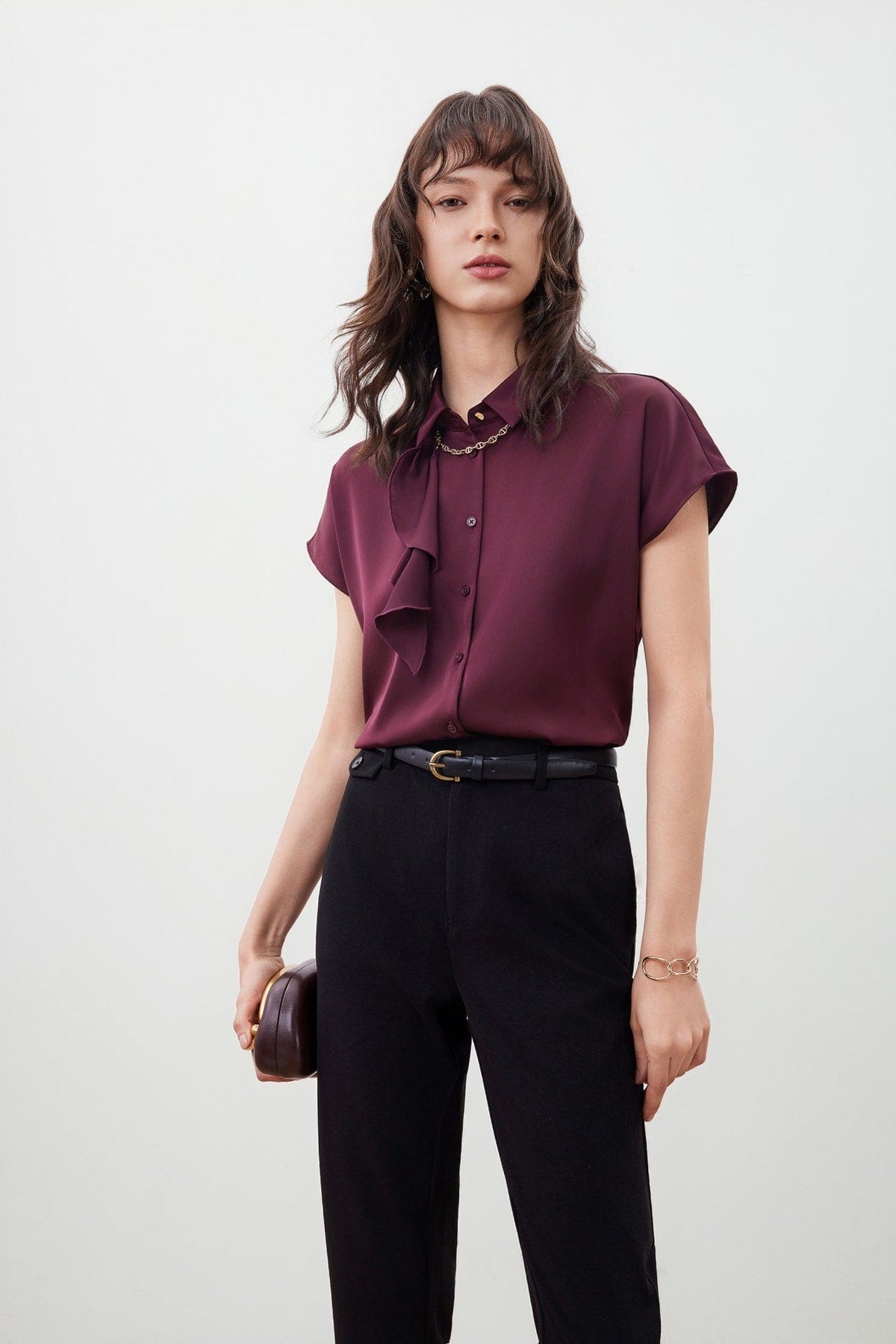 G2000 - Blouses - Satin Cap Sleeve Blouse with Scarf Necklace