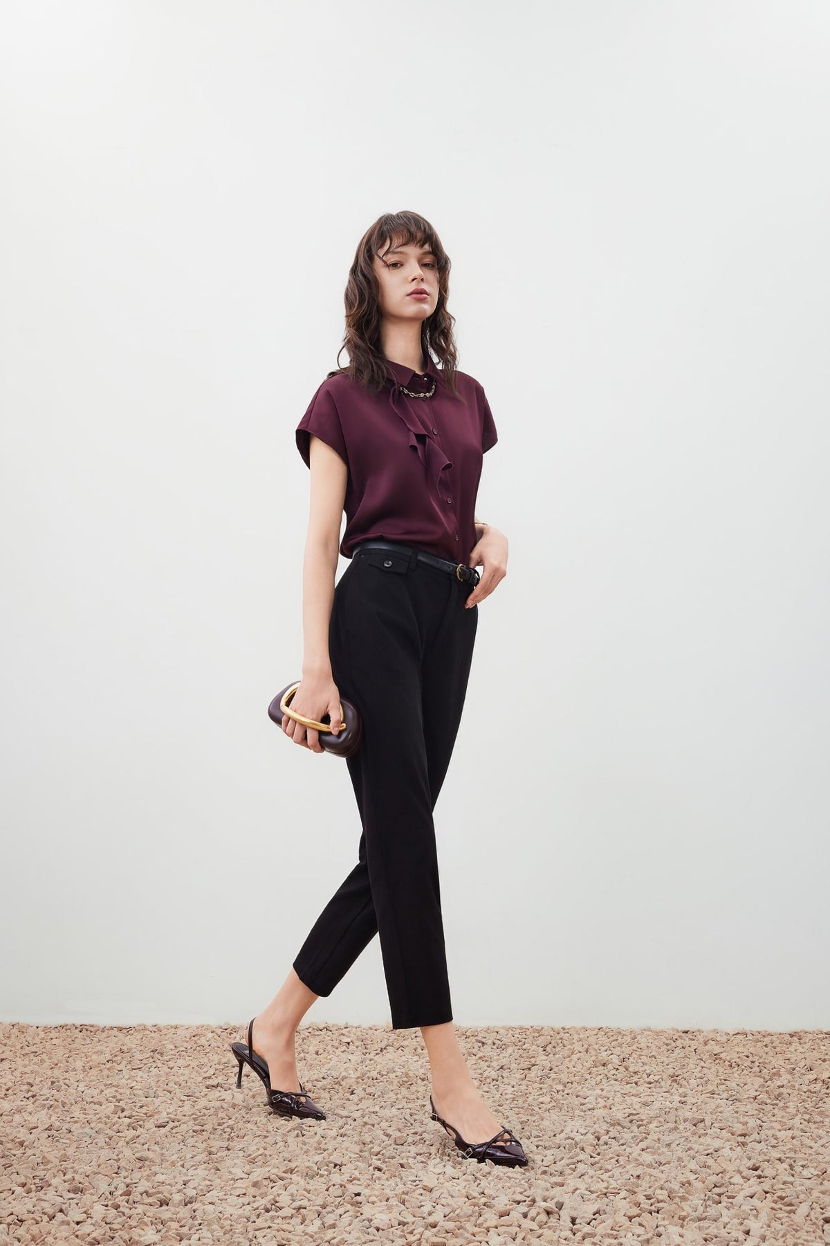 G2000 - Blouses - Satin Cap Sleeve Blouse with Scarf Necklace