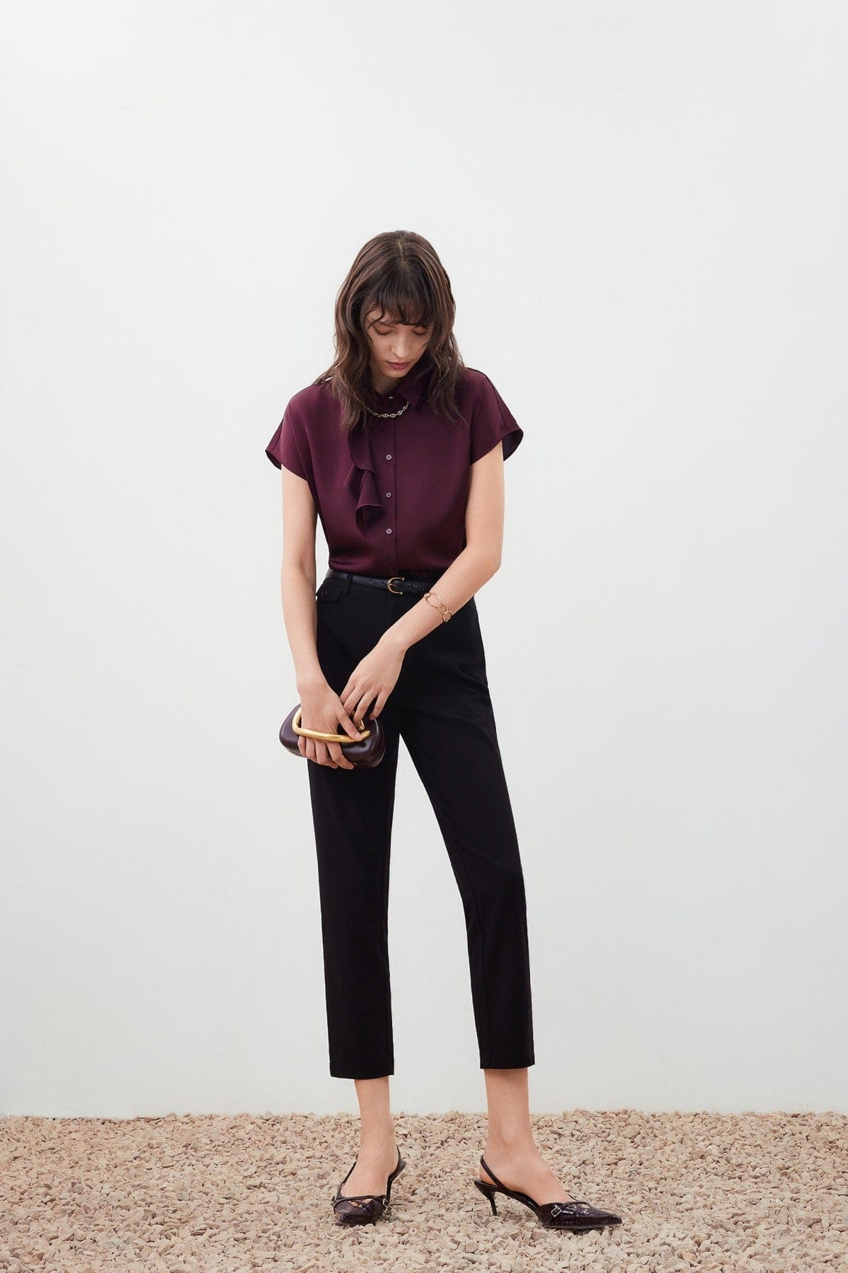 G2000 - Blouses - Satin Cap Sleeve Blouse with Scarf Necklace