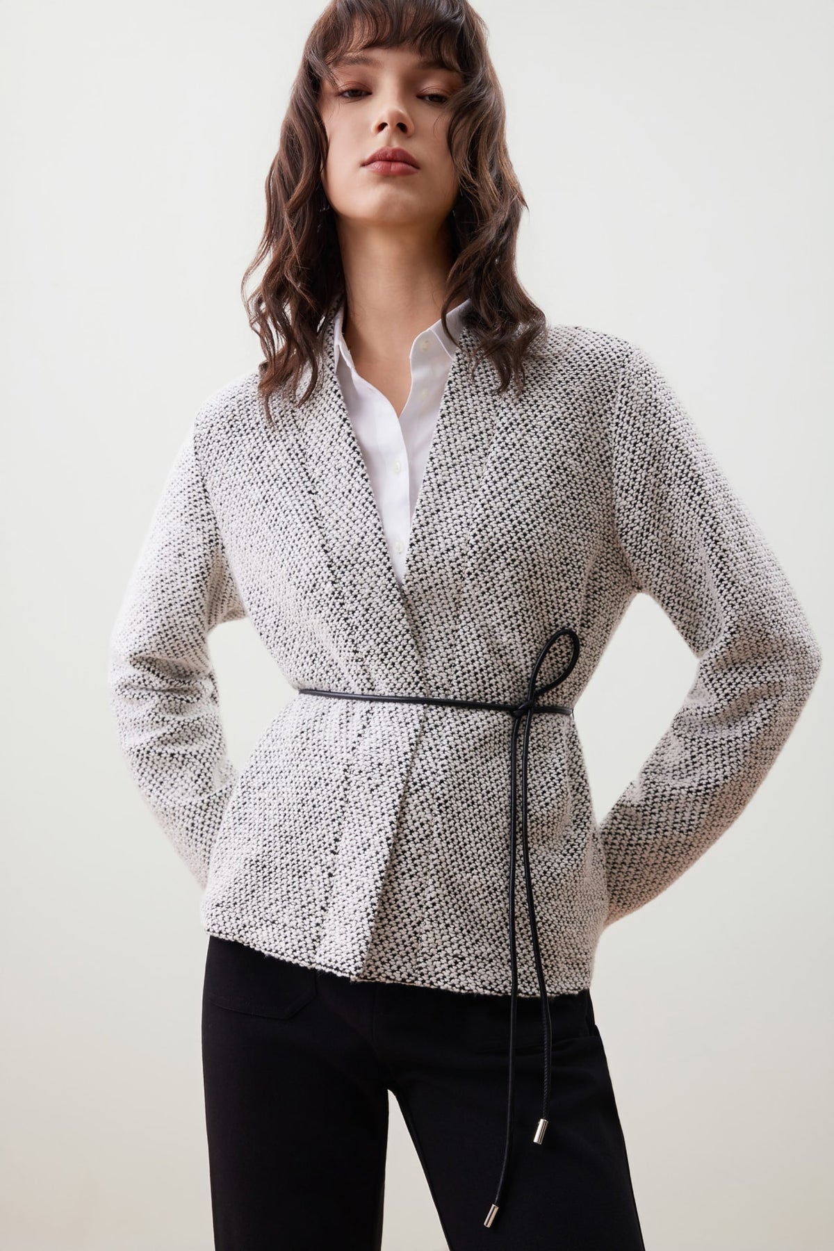 G2000 T-Shirts Tweed Knit Cardigan with Tie