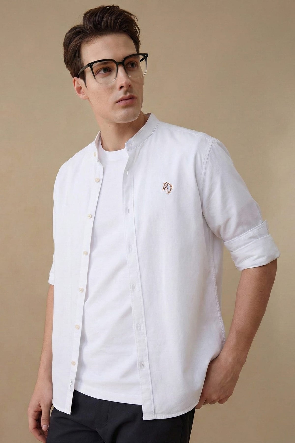 G2000 Shirts Wrinkle Free Oxford Stand Collar Smart Fit Casual Shirt with Logo White Smart