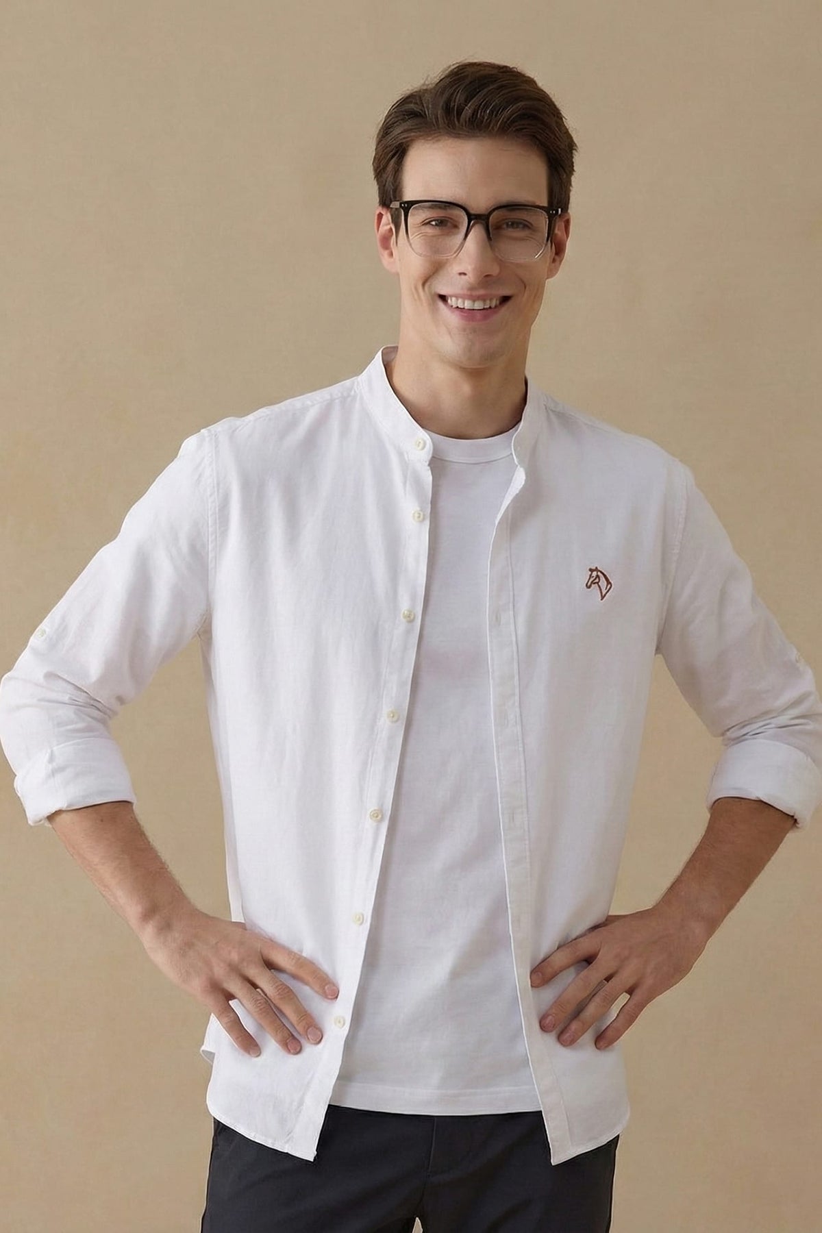 G2000 Shirts Wrinkle Free Oxford Stand Collar Smart Fit Casual Shirt with Logo
