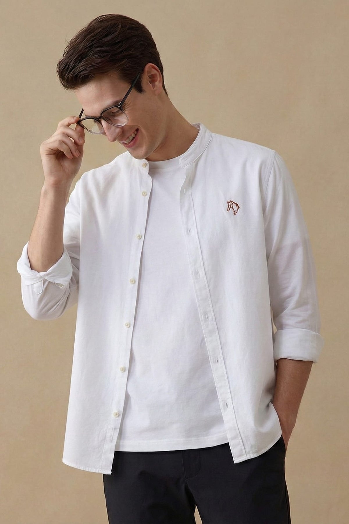 G2000 Shirts Wrinkle Free Oxford Stand Collar Smart Fit Casual Shirt with Logo