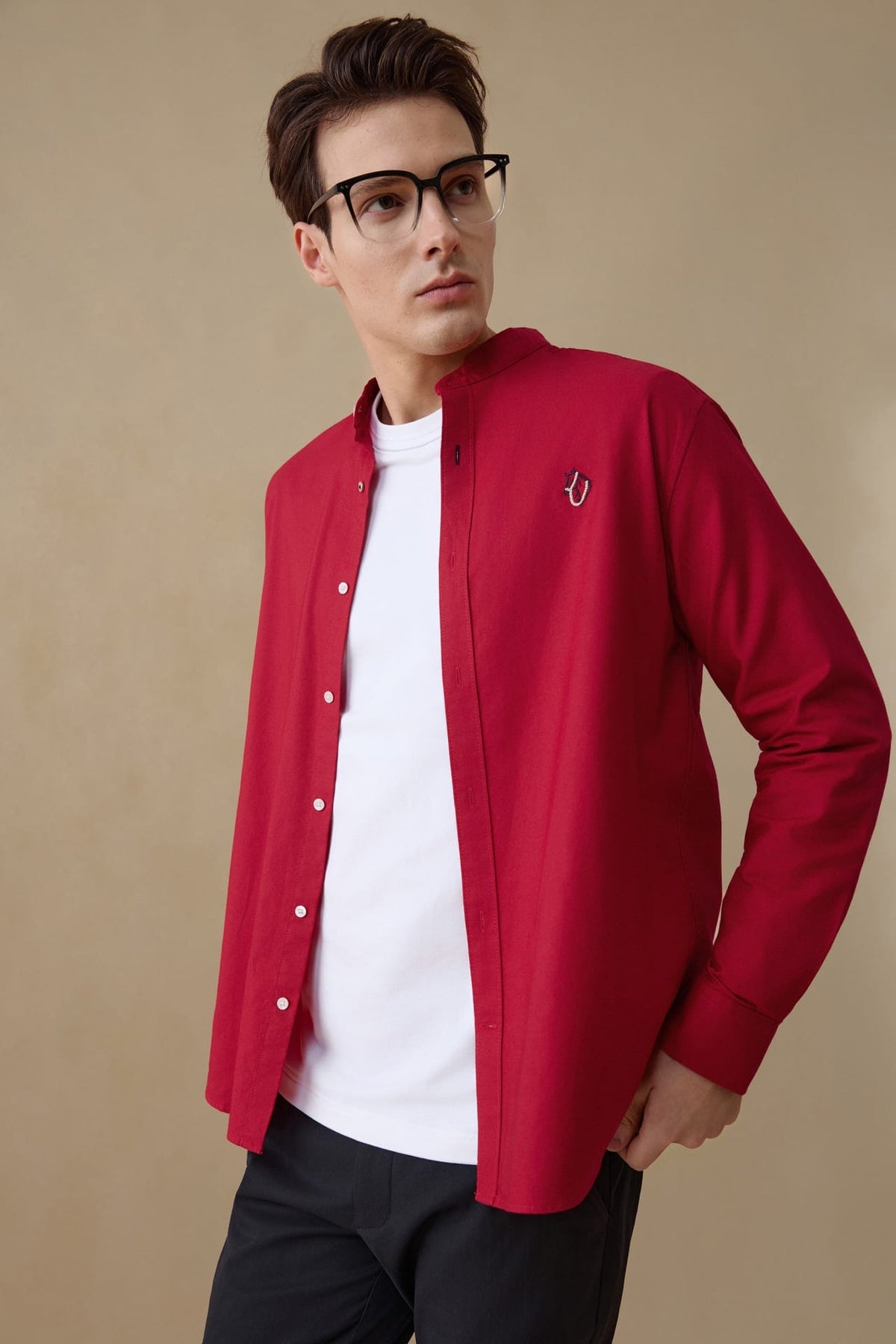 G2000 Shirts Wrinkle Free Oxford Stand Collar Smart Fit Casual Shirt with Logo Rosso Smart