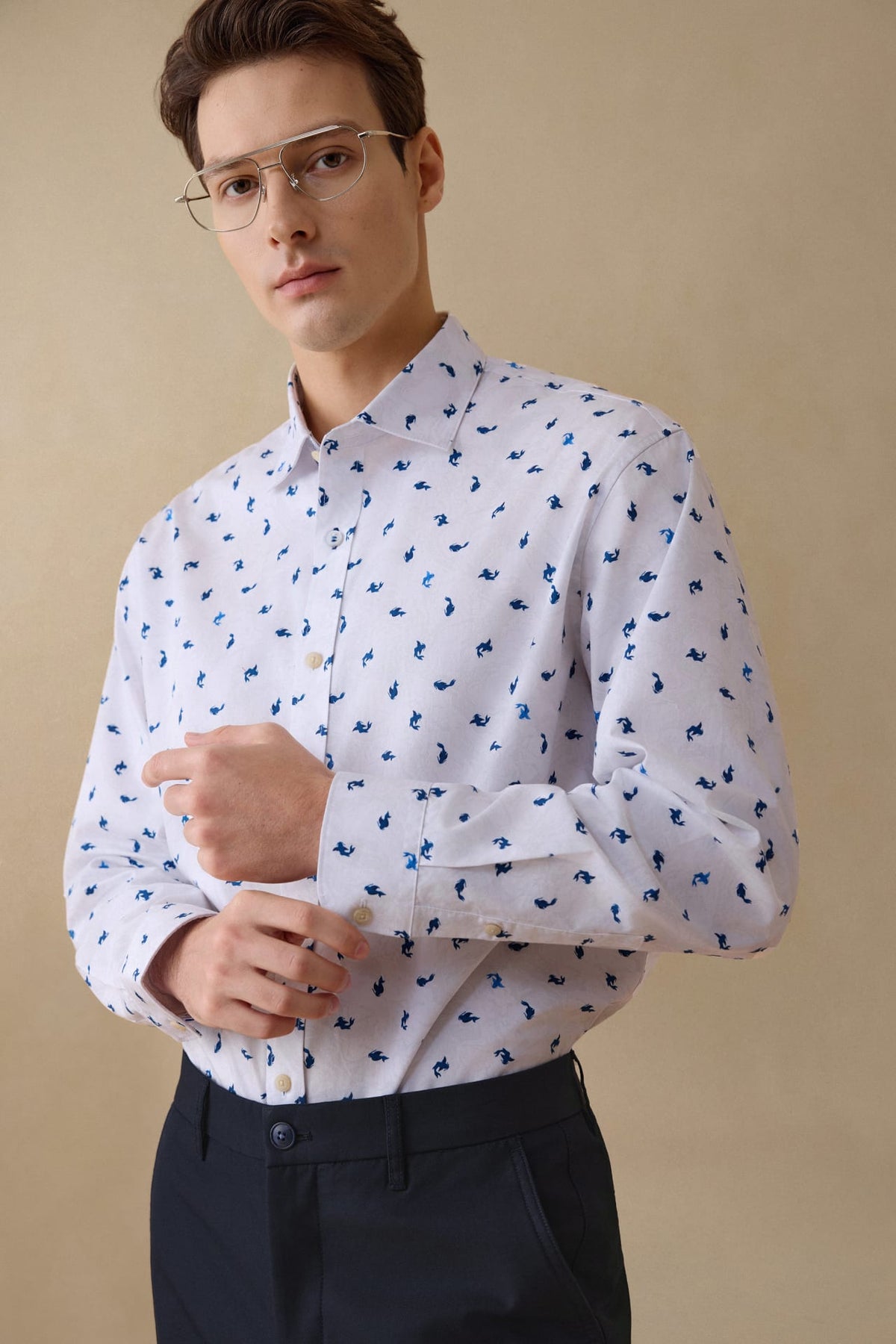 G2000 Shirts Wrinkle Free Twill Mini Koi Printed Comfort Fit Casual Shirt Midnight Navy Comfort