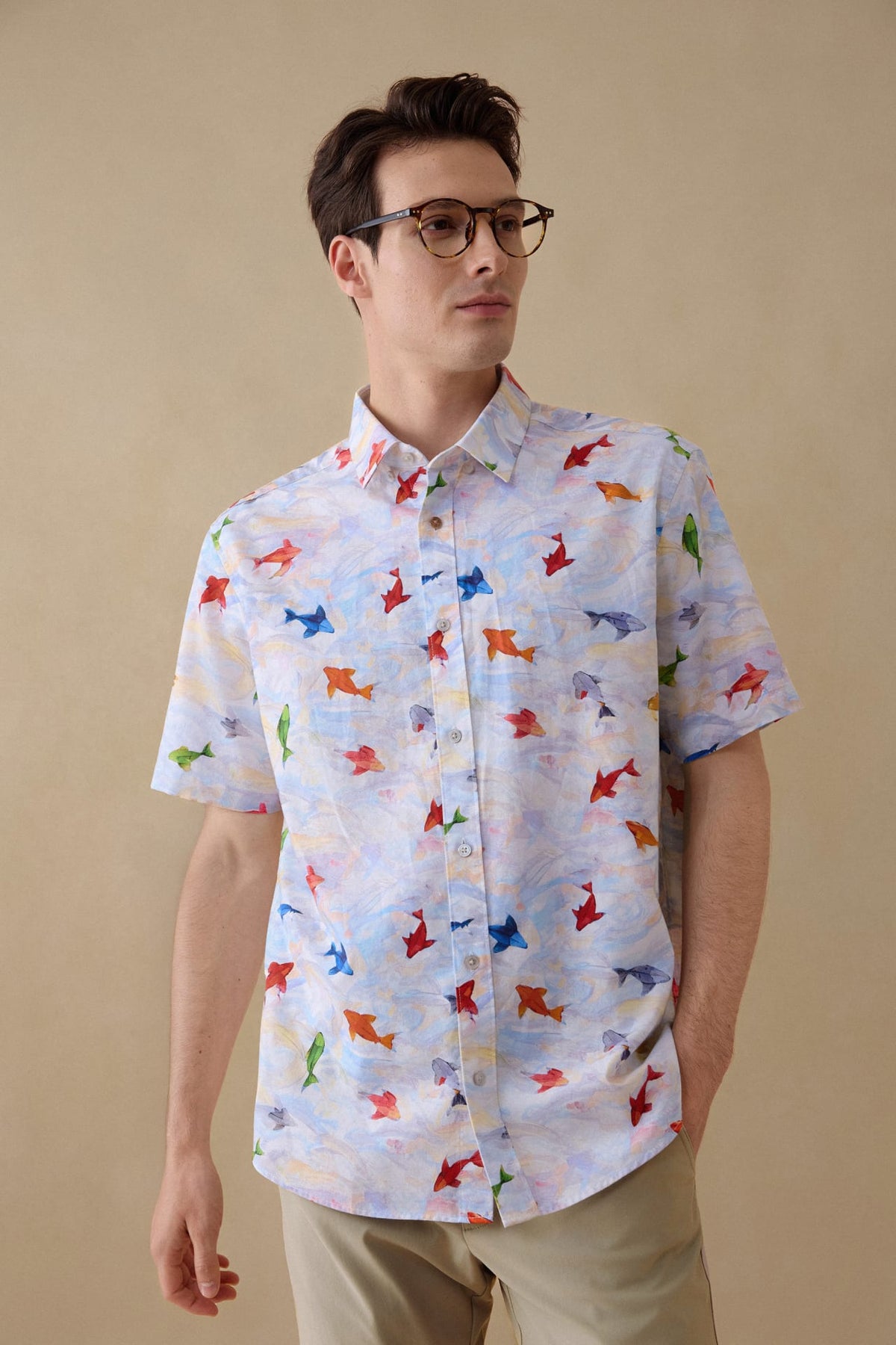 G2000 Shirts Wrinkle Free Oxford Koi Printed Smart Fit Short Sleeve Casual Shirt Marina Smart