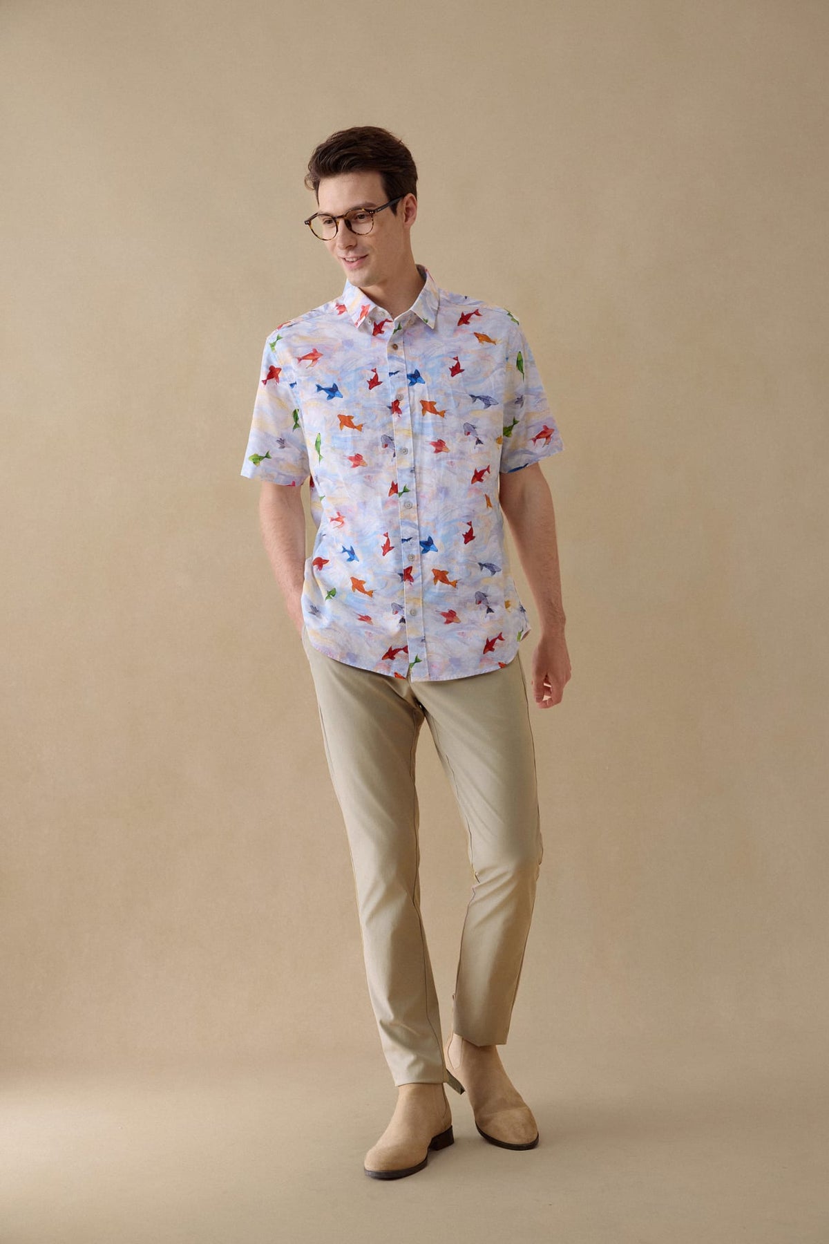 G2000 Shirts Wrinkle Free Oxford Koi Printed Smart Fit Short Sleeve Casual Shirt
