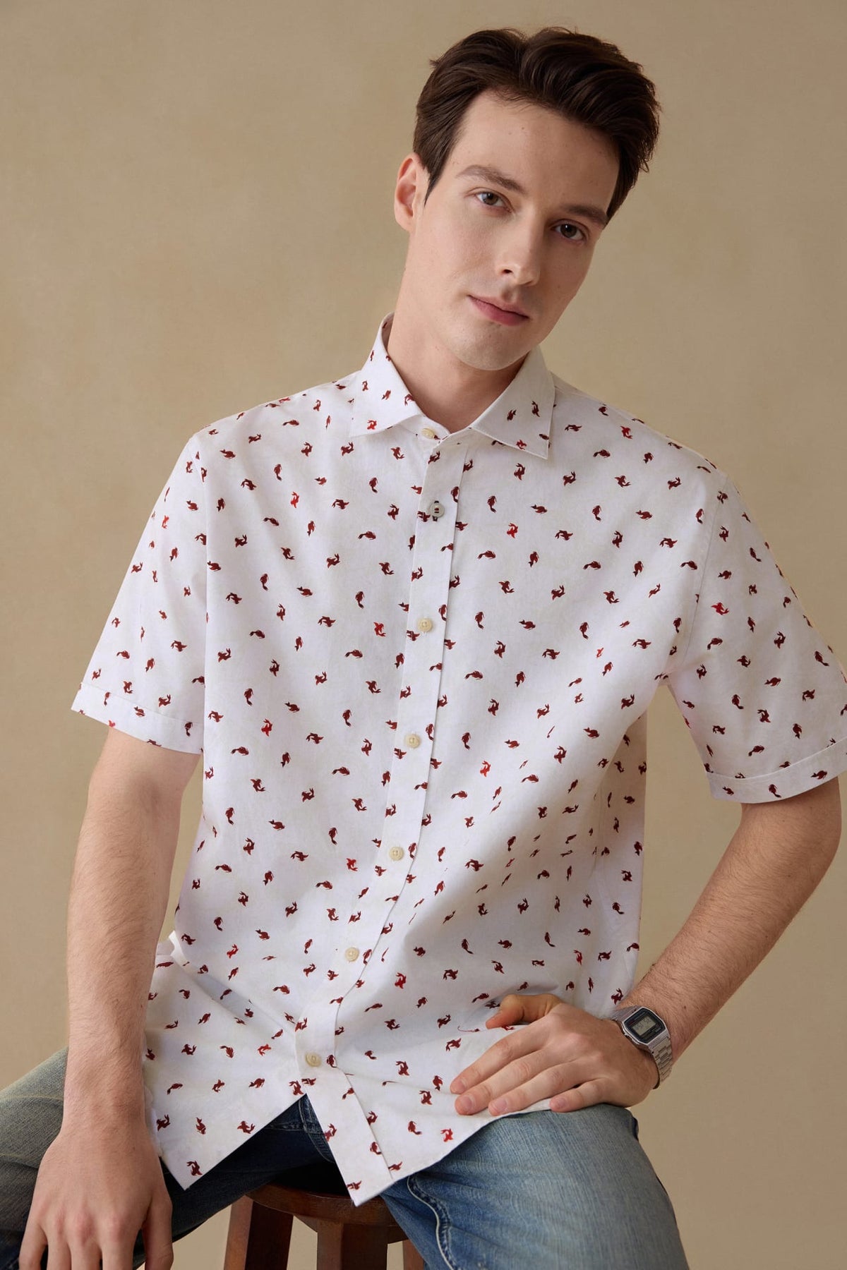 G2000 Shirts Wrinkle Free Twill Mini Koi Printed Comfort Fit Short Sleeve Casual Shirt Rosso Comfort